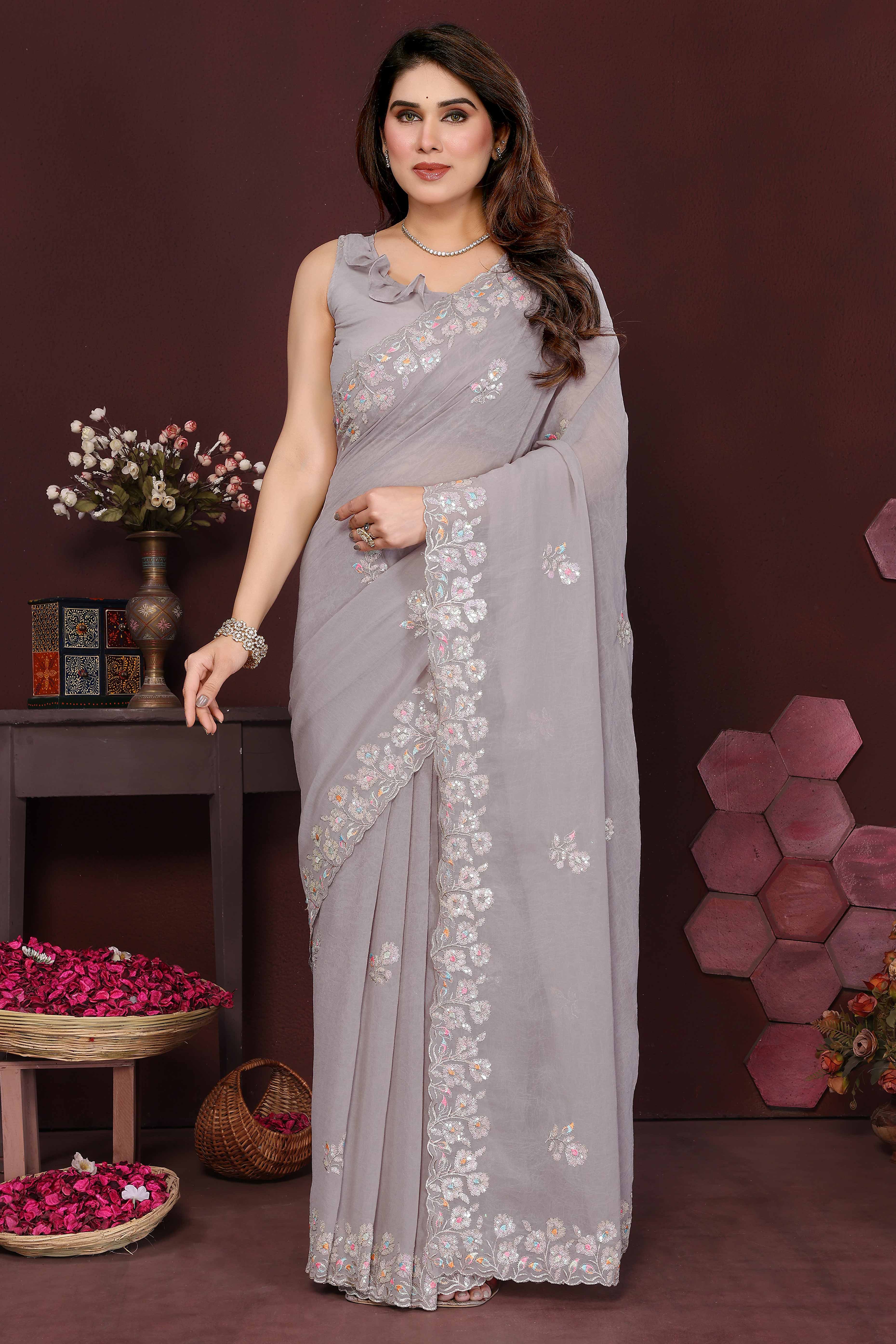 Grey Georgette Saree Featuring Intricate Floral Sequin Embroidery