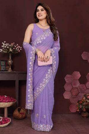 Lavender Georgette Saree Featuring Intricate Floral Sequin Embroidery