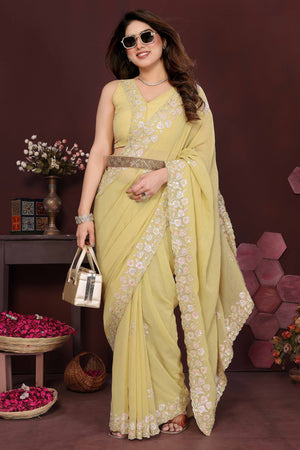 Yellow Georgette Saree Featuring Intricate Floral Sequin Embroidery
