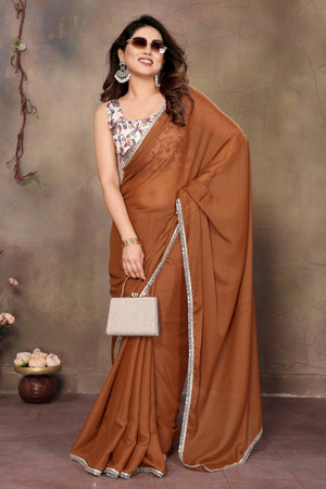 Brown Solid Sparkling Georgette Saree Enhanced With Shimmering Mirror Border