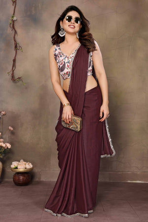 Burgundy Solid Sparkling Georgette Saree Enhanced With Shimmering Mirror Border