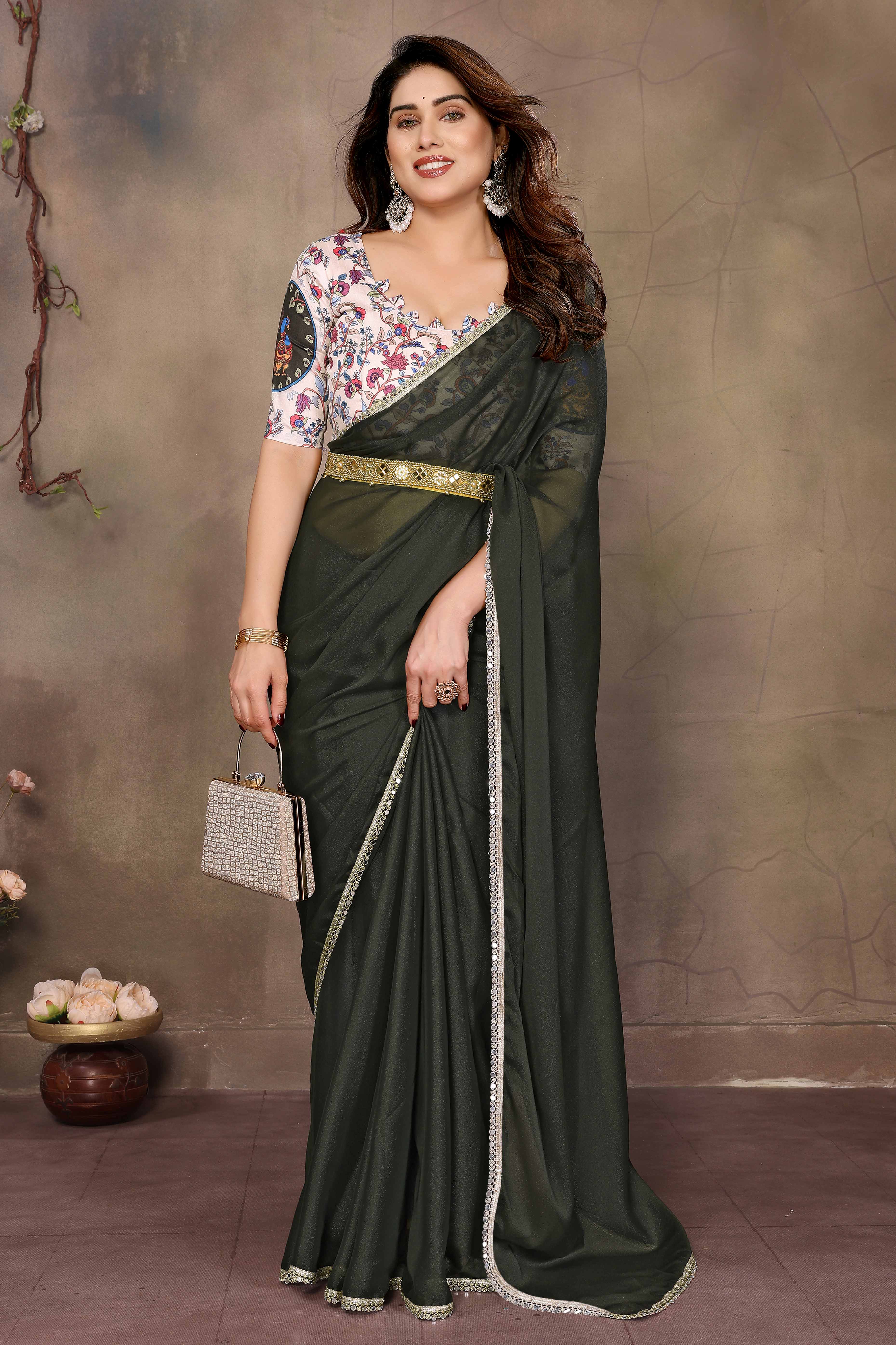 Mehendi Green Solid Sparkling Georgette Saree Enhanced With Shimmering Mirror Border