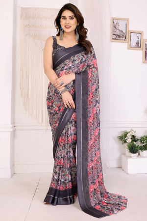 Black Moss Satin Saree With Blooming Floral Print Design