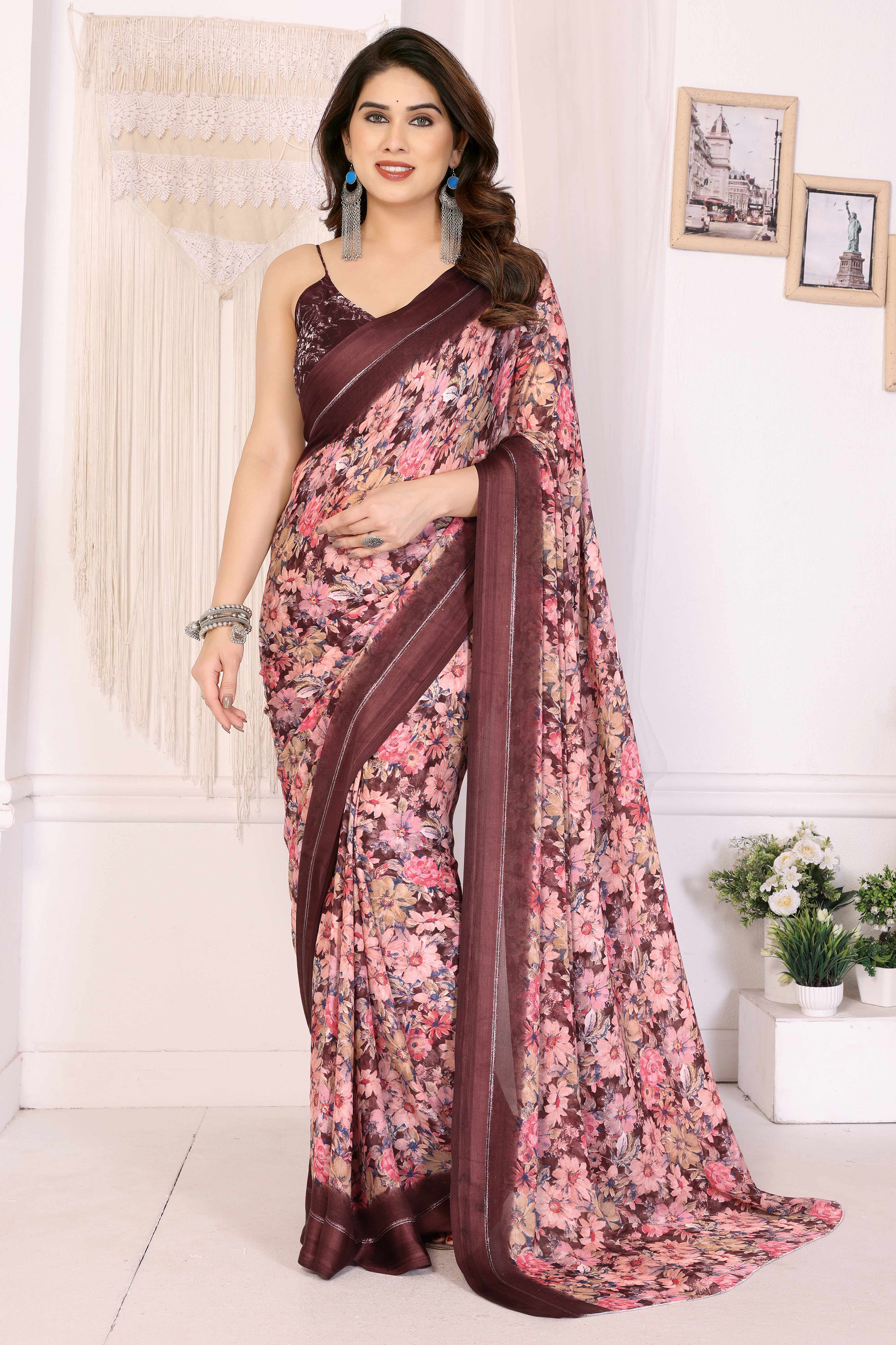 Maroon Moss Satin Saree With Blooming Floral Print Design
