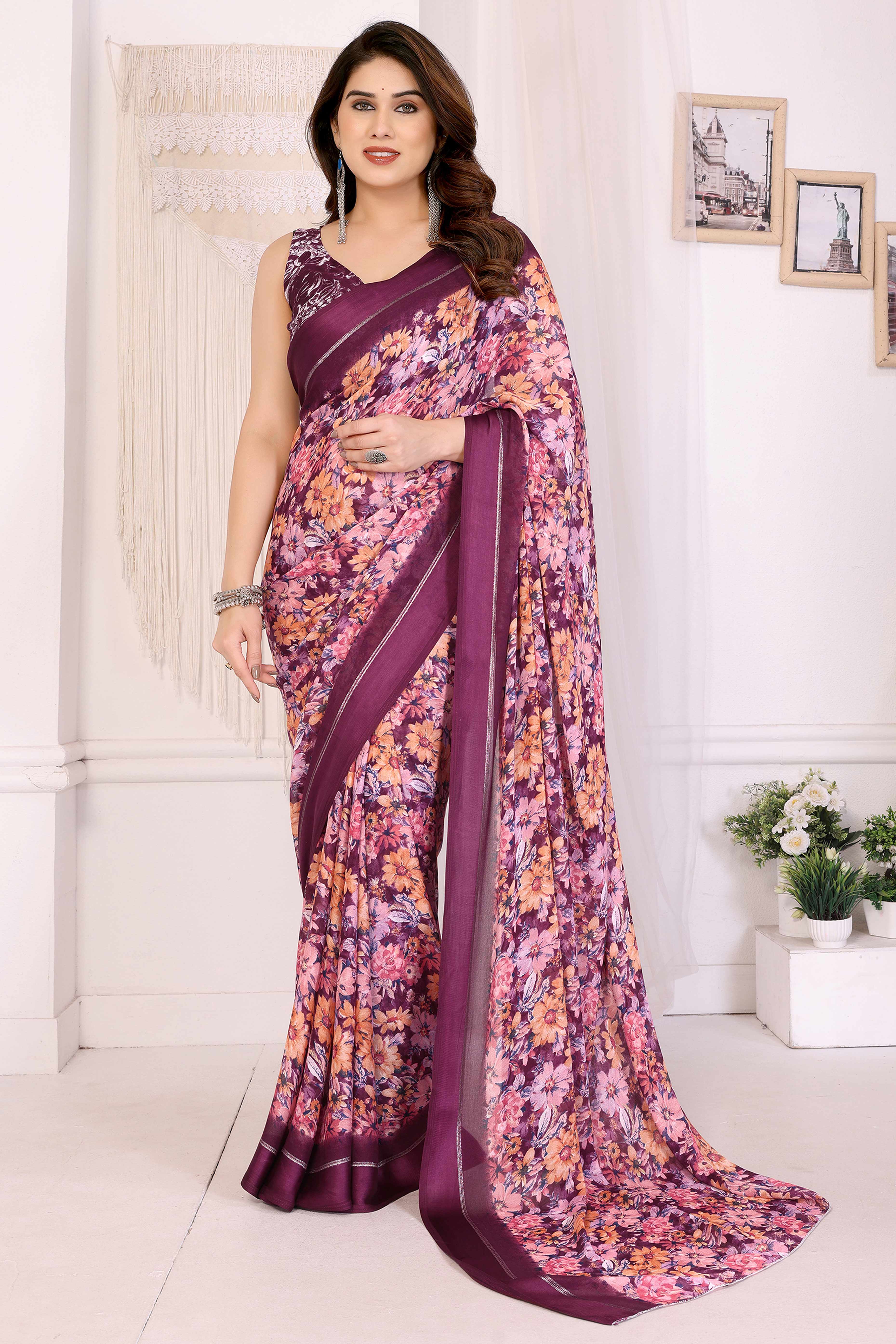 Purple Moss Satin Saree With Blooming Floral Print Design
