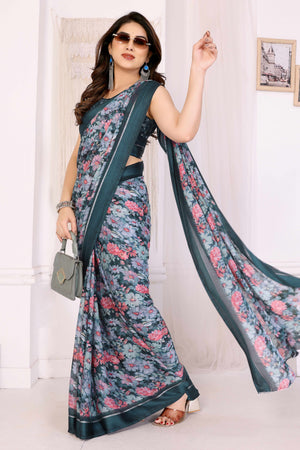 Teal Moss Satin Saree With Blooming Floral Print Design