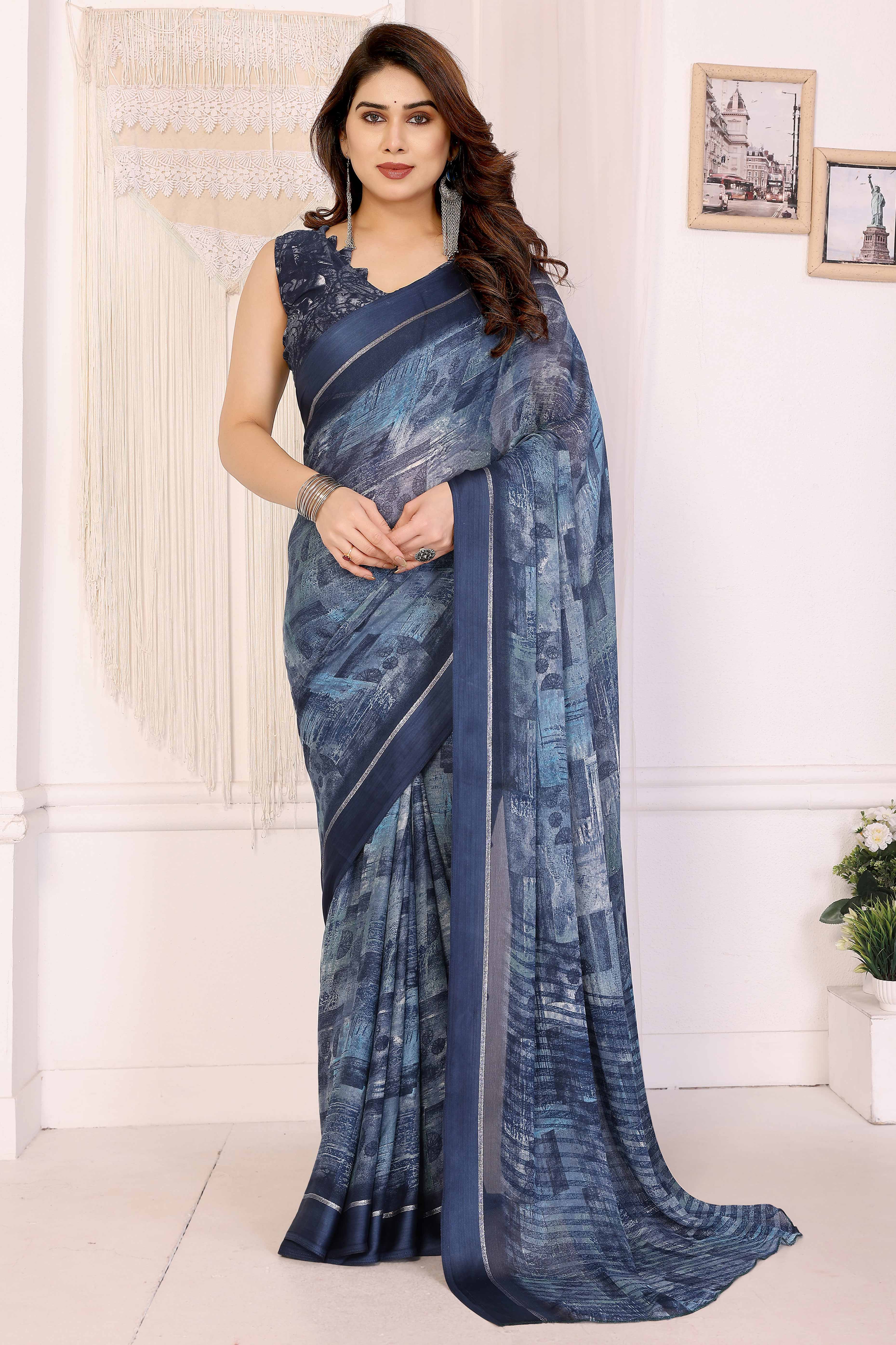 Trendy Blue Saree in Moss Satin with Floral Print Detailing