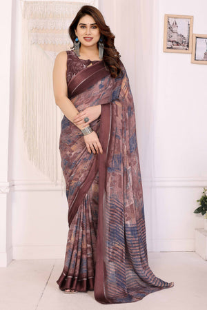 Trendy Brown Saree in Moss Satin with Floral Print Detailing