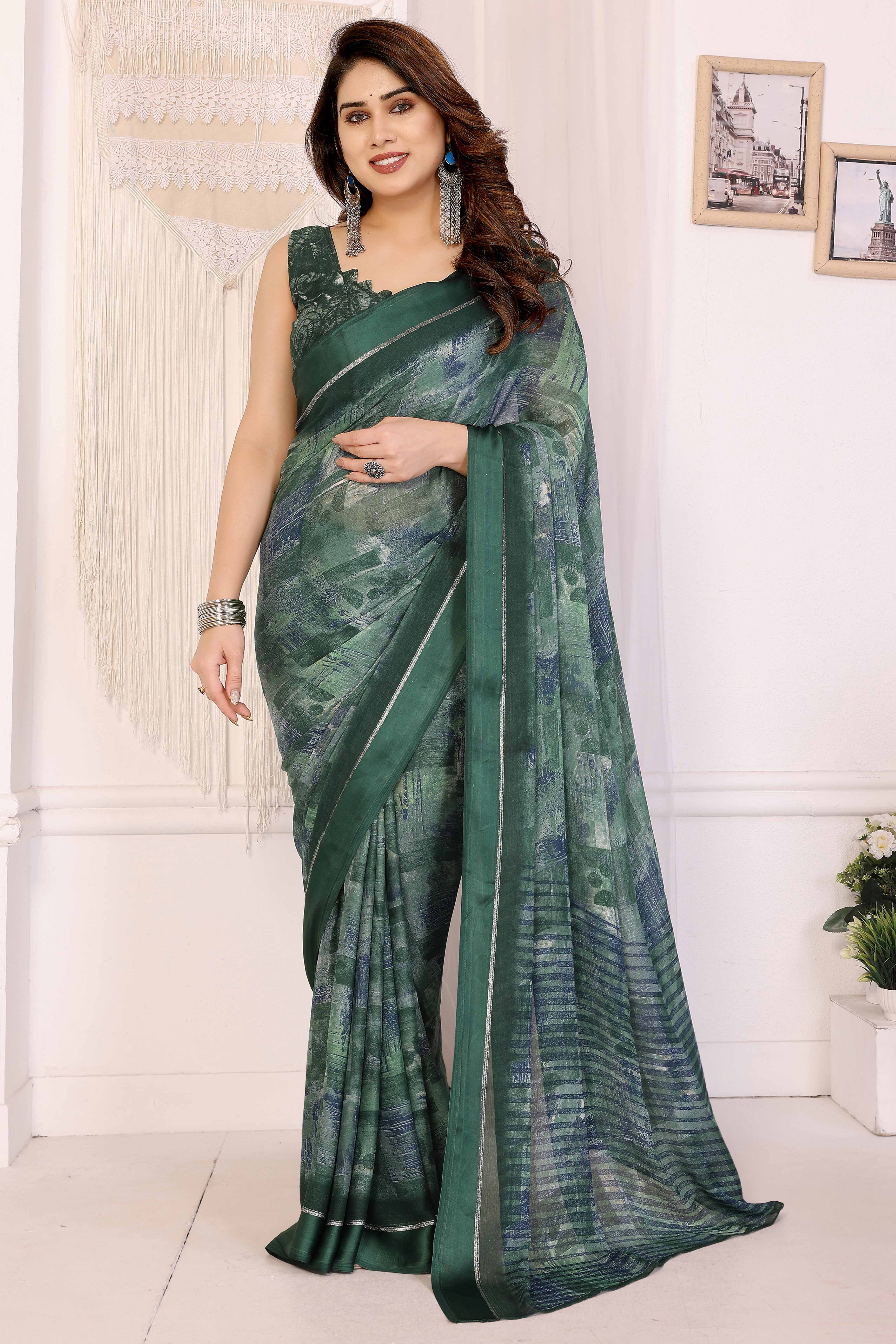 Trendy Green Saree in Moss Satin with Floral Print Detailing