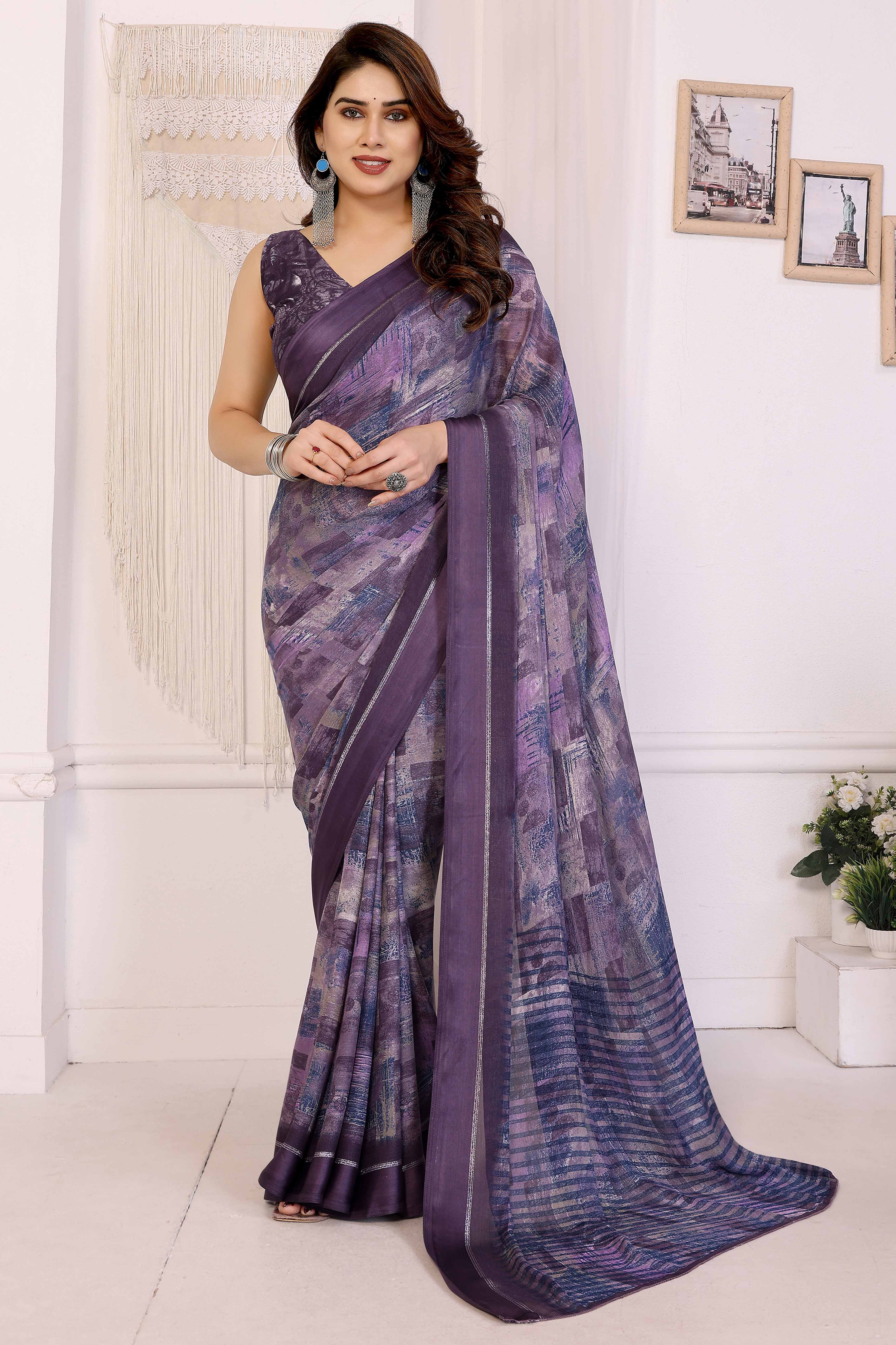 Trendy Purple Saree in Moss Satin with Floral Print Detailing