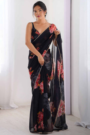 Partywear Black Georgette Saree with Floral Prints and Bead Work Lace