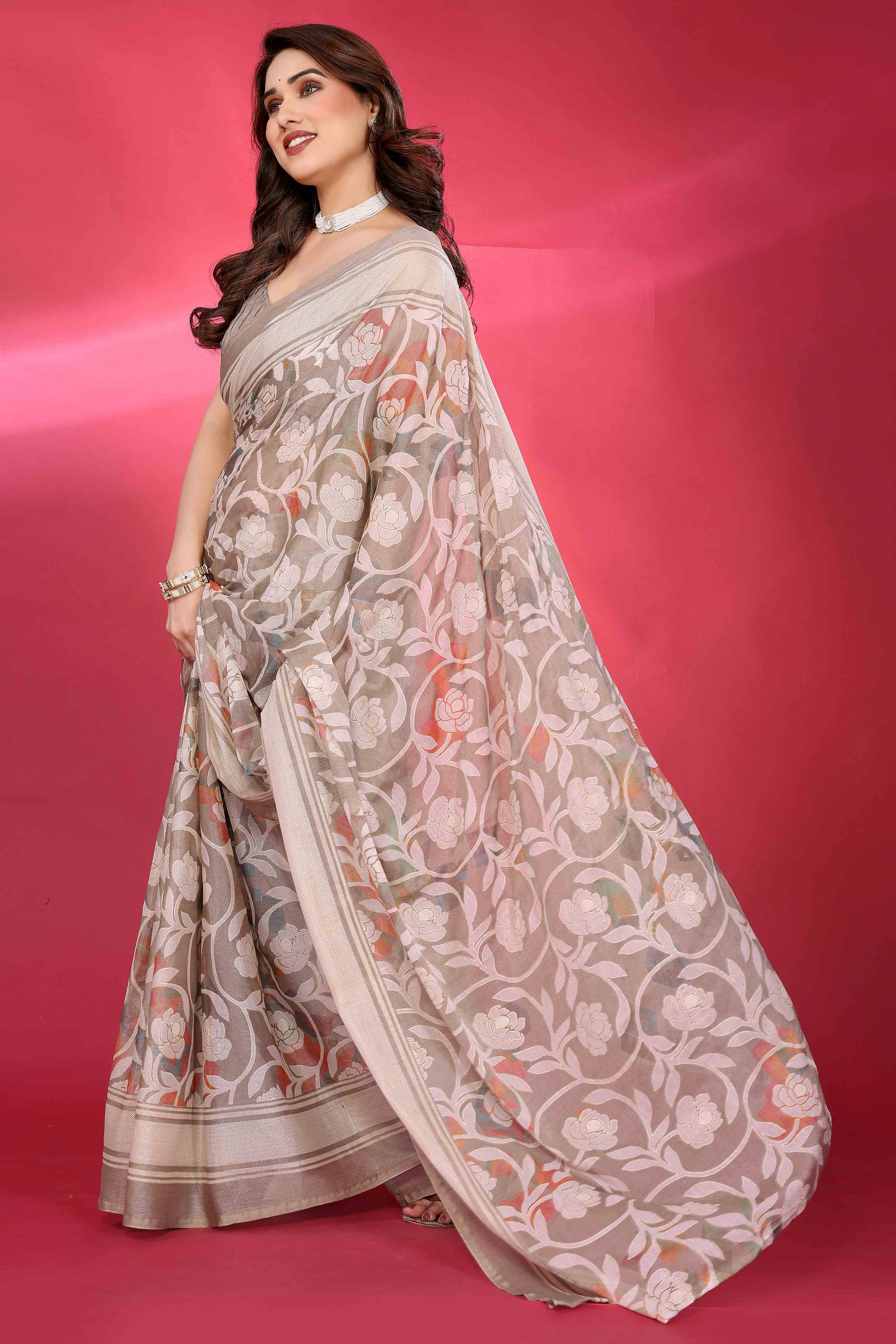 Graceful Grey Brasso Chiffon Saree with Floral Foil Print