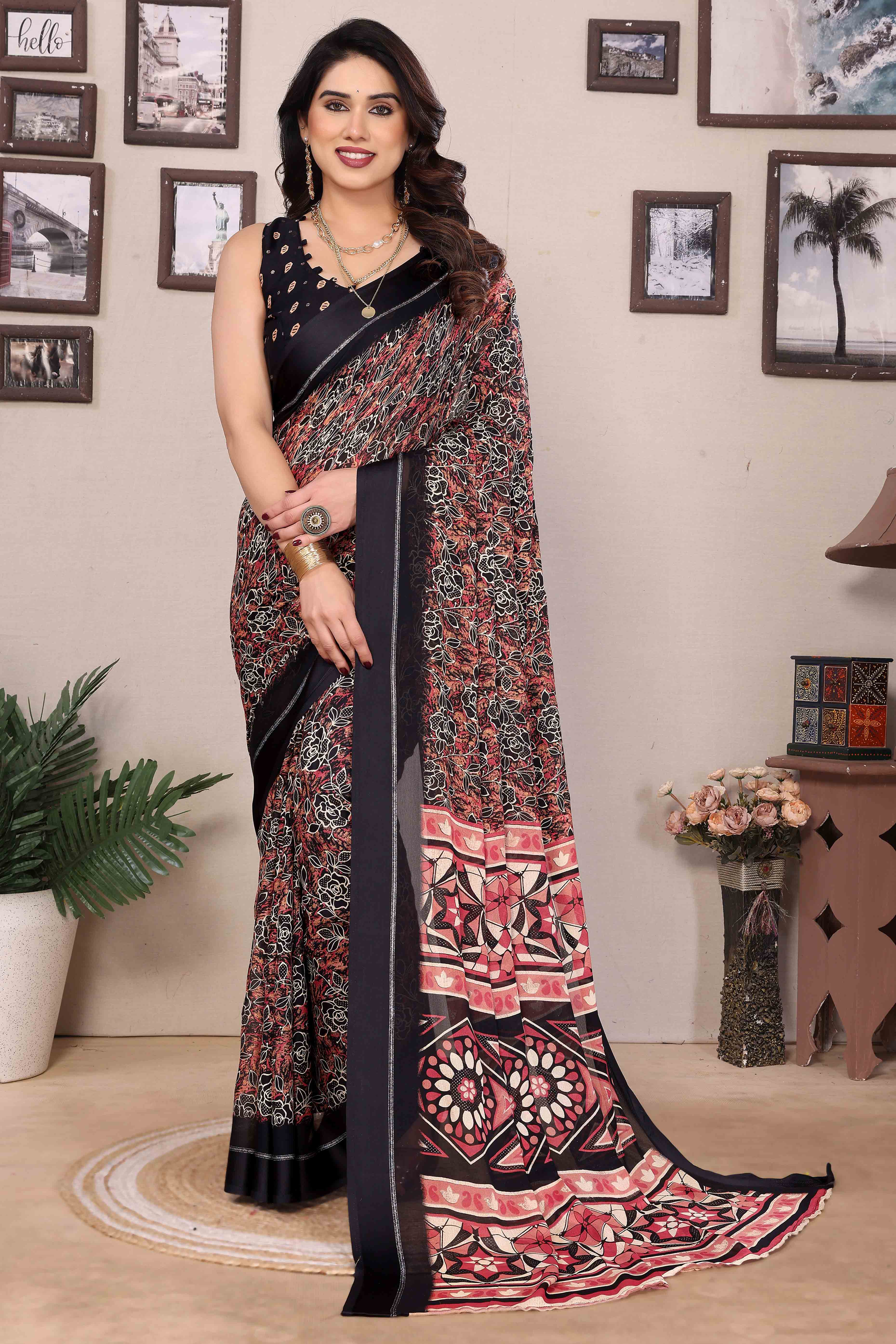 Black Floral Print & Zari Work Moss Satin Saree With Satin Patta