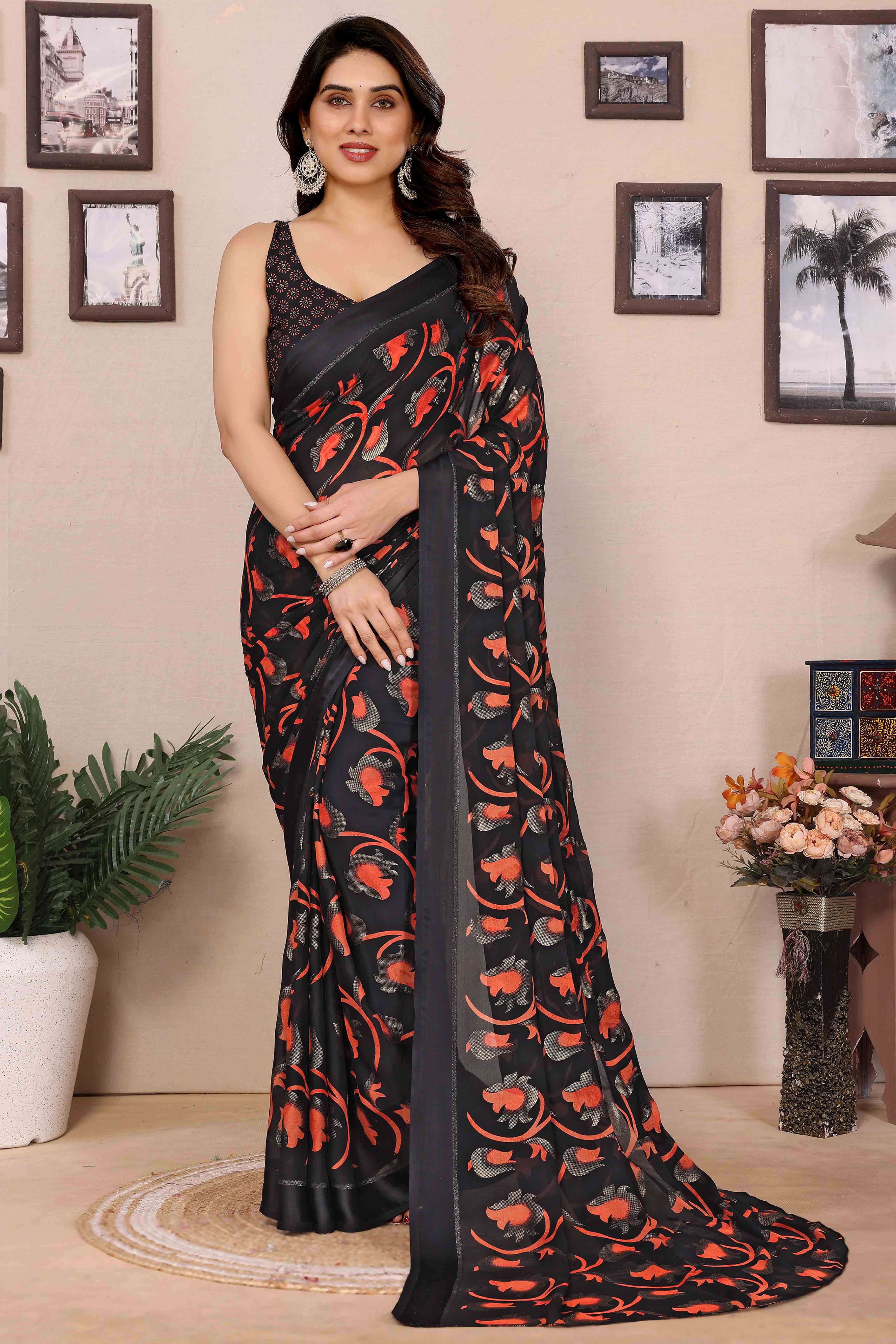Black & Red Floral Print & Zari Work Moss Satin Saree With Satin Patta