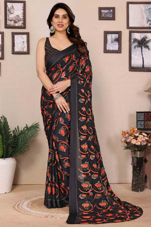 Black & Red Floral Print & Zari Work Moss Satin Saree With Satin Patta