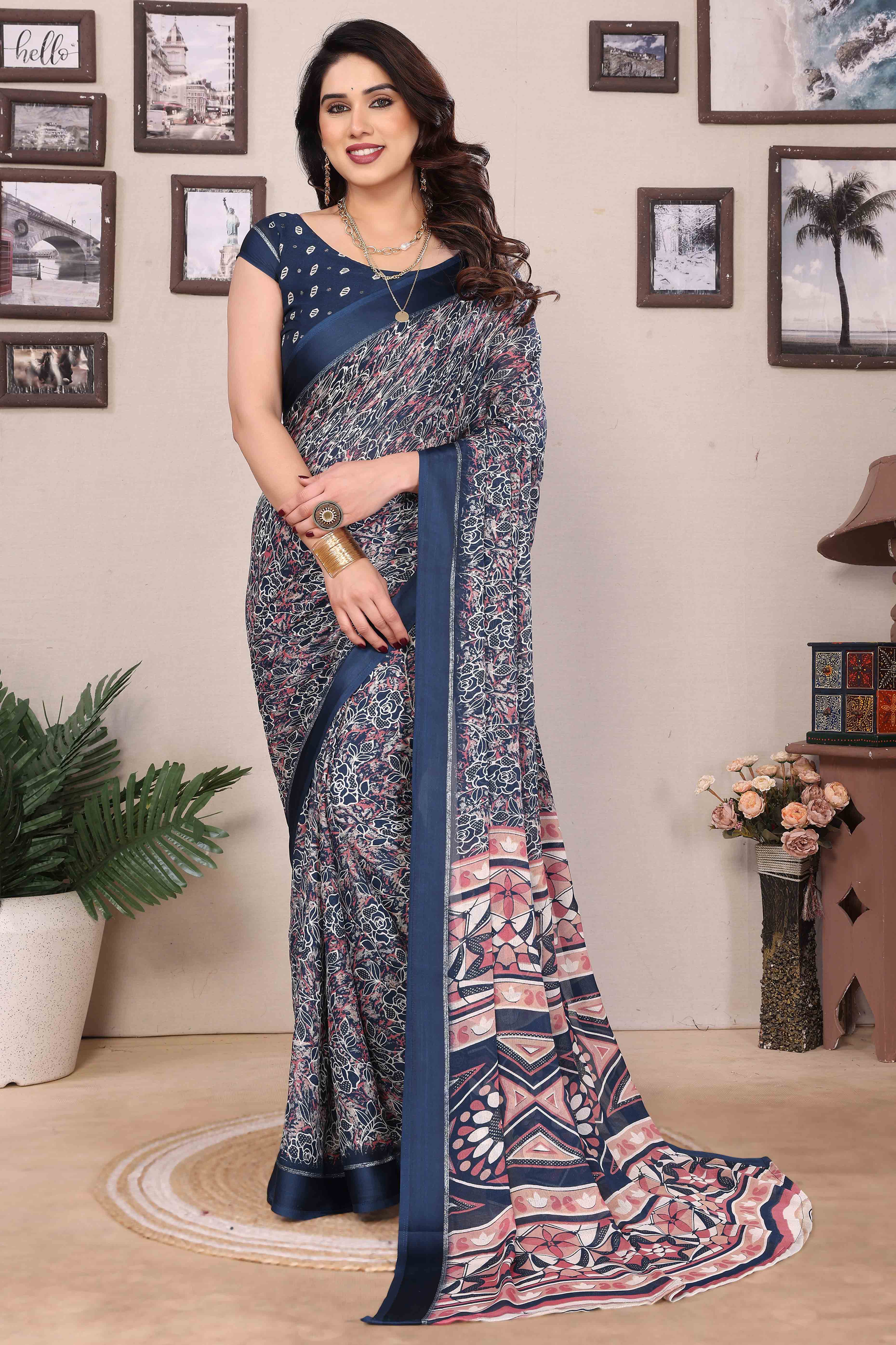 Blue Floral Print & Zari Work Moss Satin Saree With Satin Patta