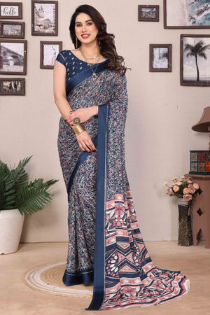Blue Floral Print & Zari Work Moss Satin Saree With Satin Patta