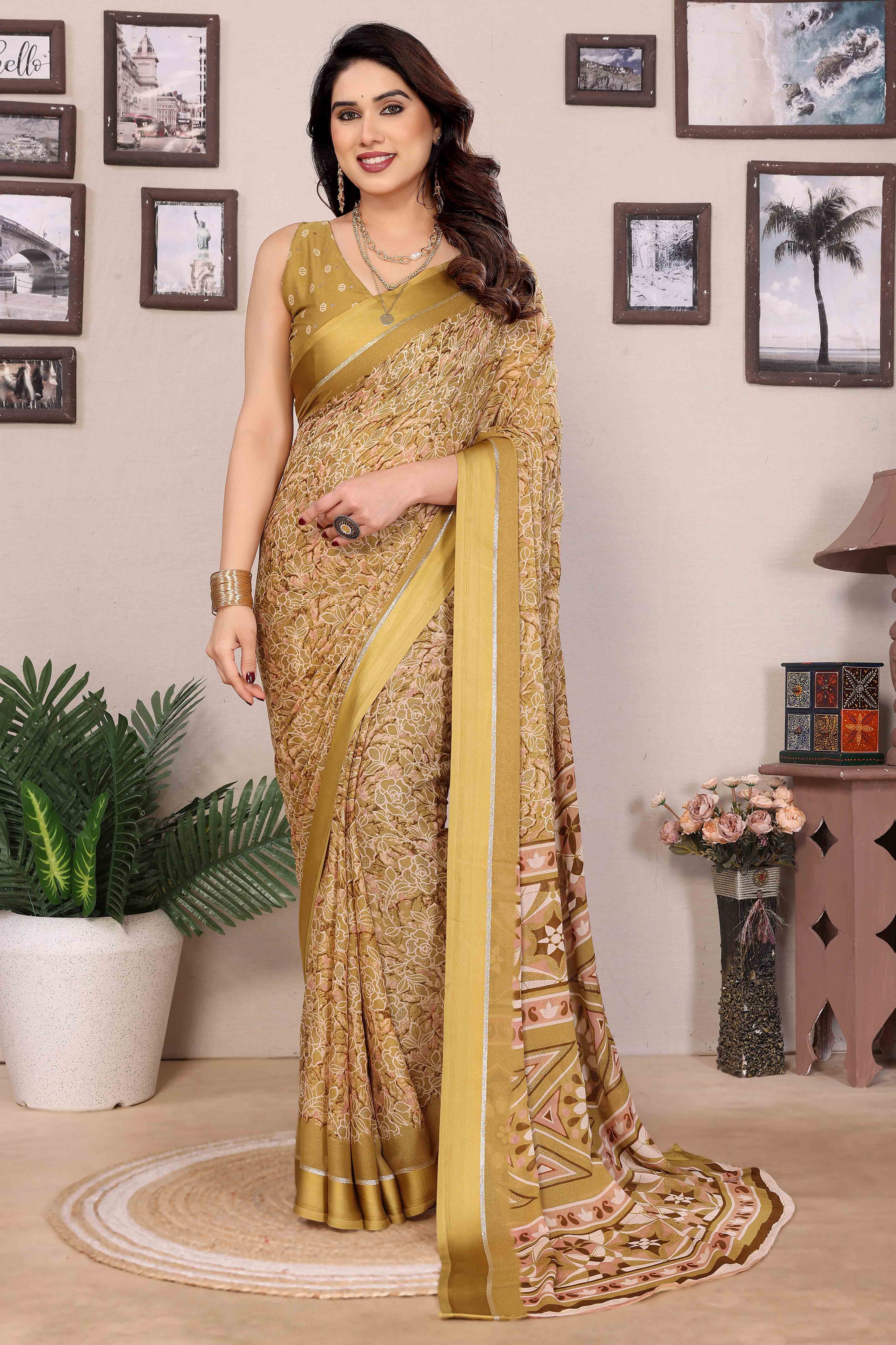 Mustard Floral Print & Zari Work Moss Satin Saree With Satin Patta