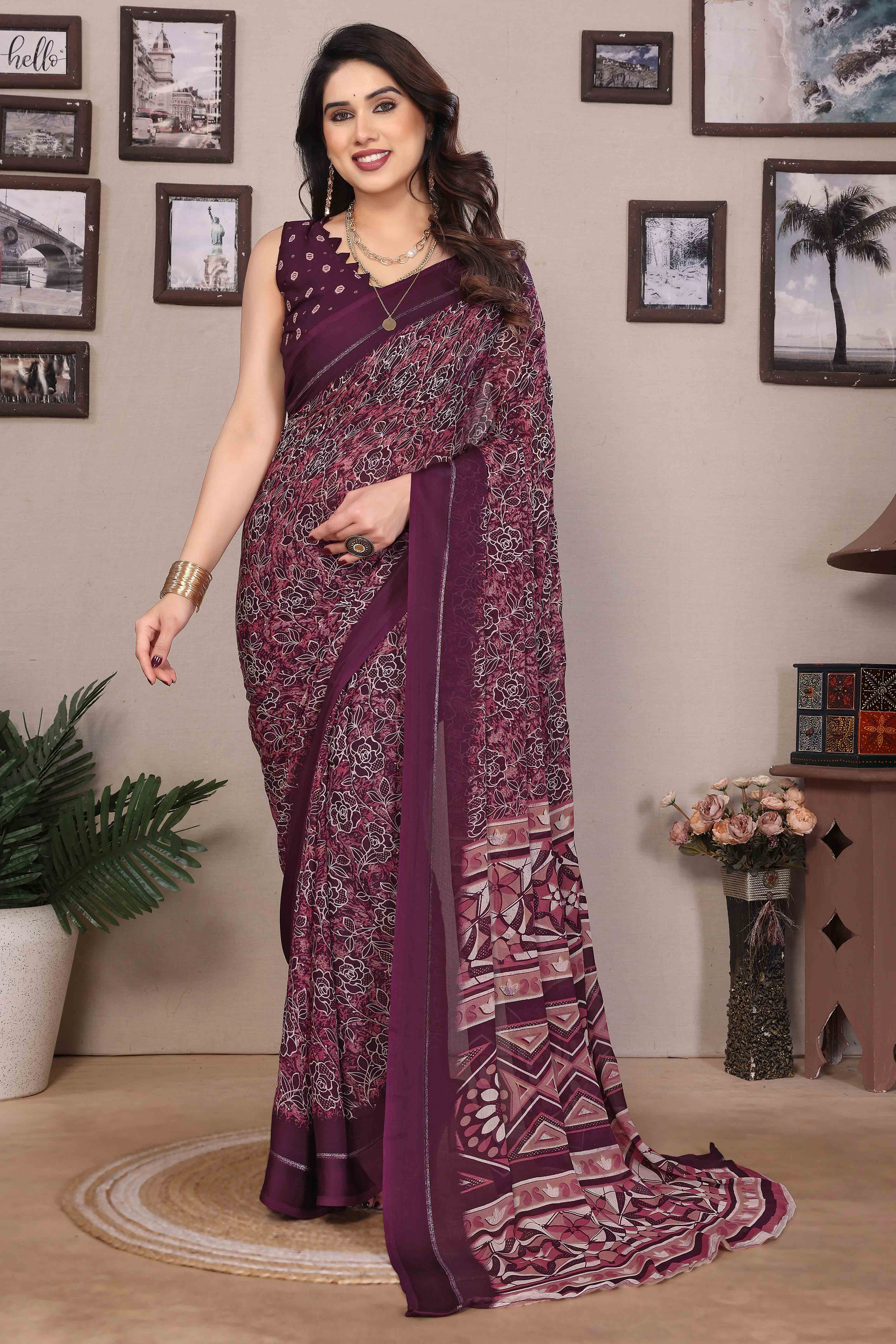 Wine Floral Print & Zari Work Moss Satin Saree With Satin Patta