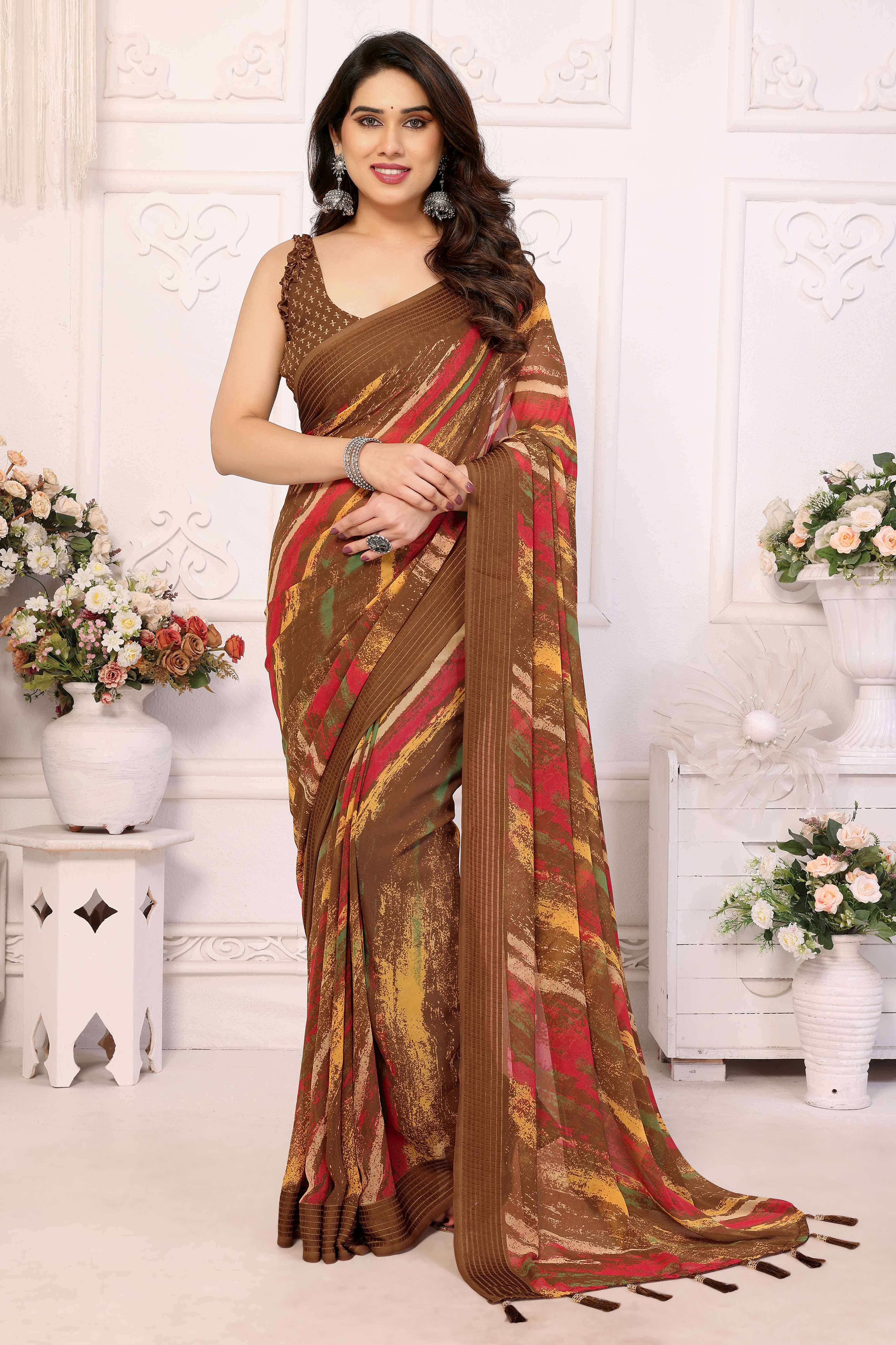 Brown Printed Georgette Saree Saree With Tassels