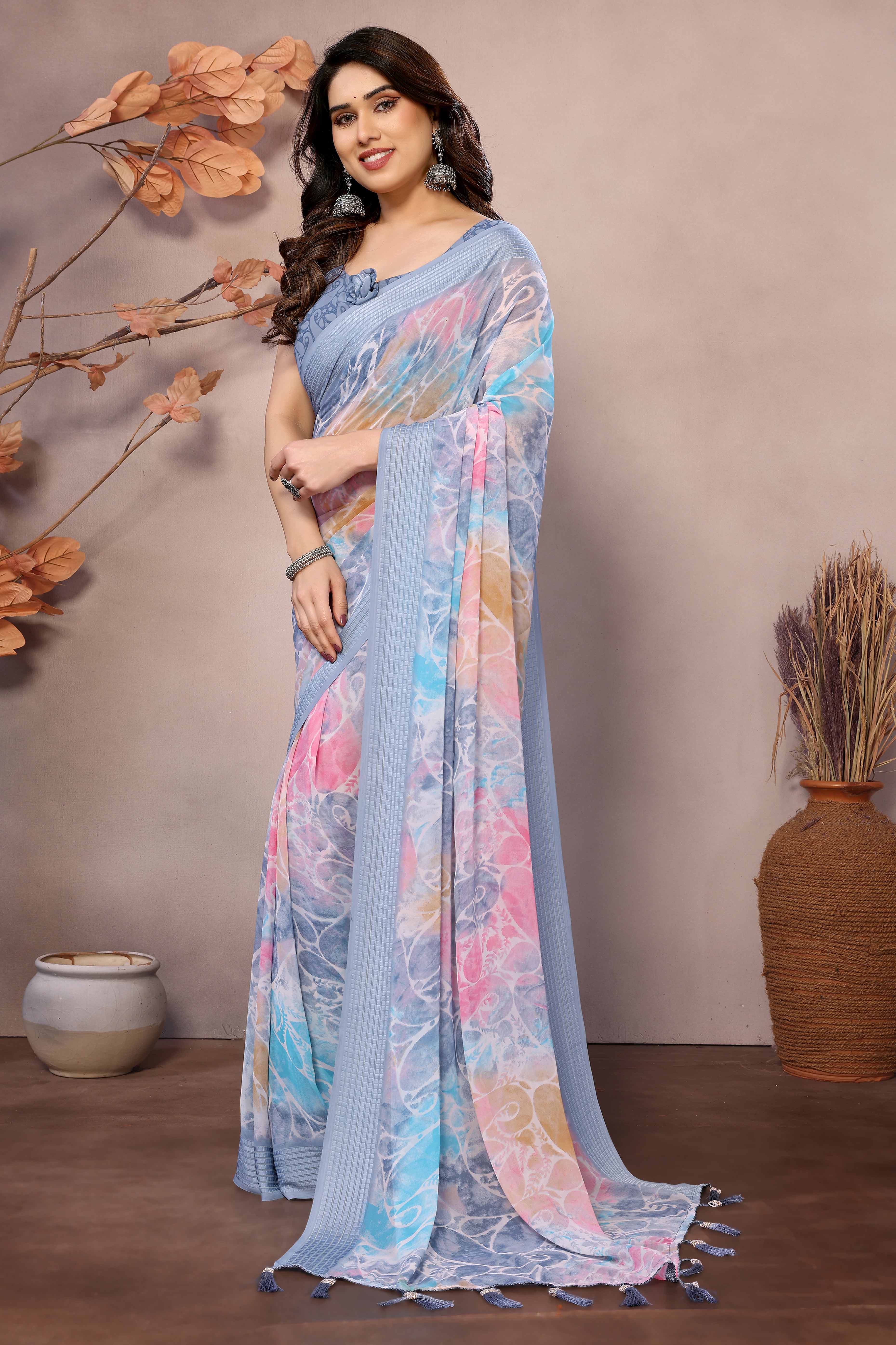 Grey Printed Georgette Saree Saree With Tassels