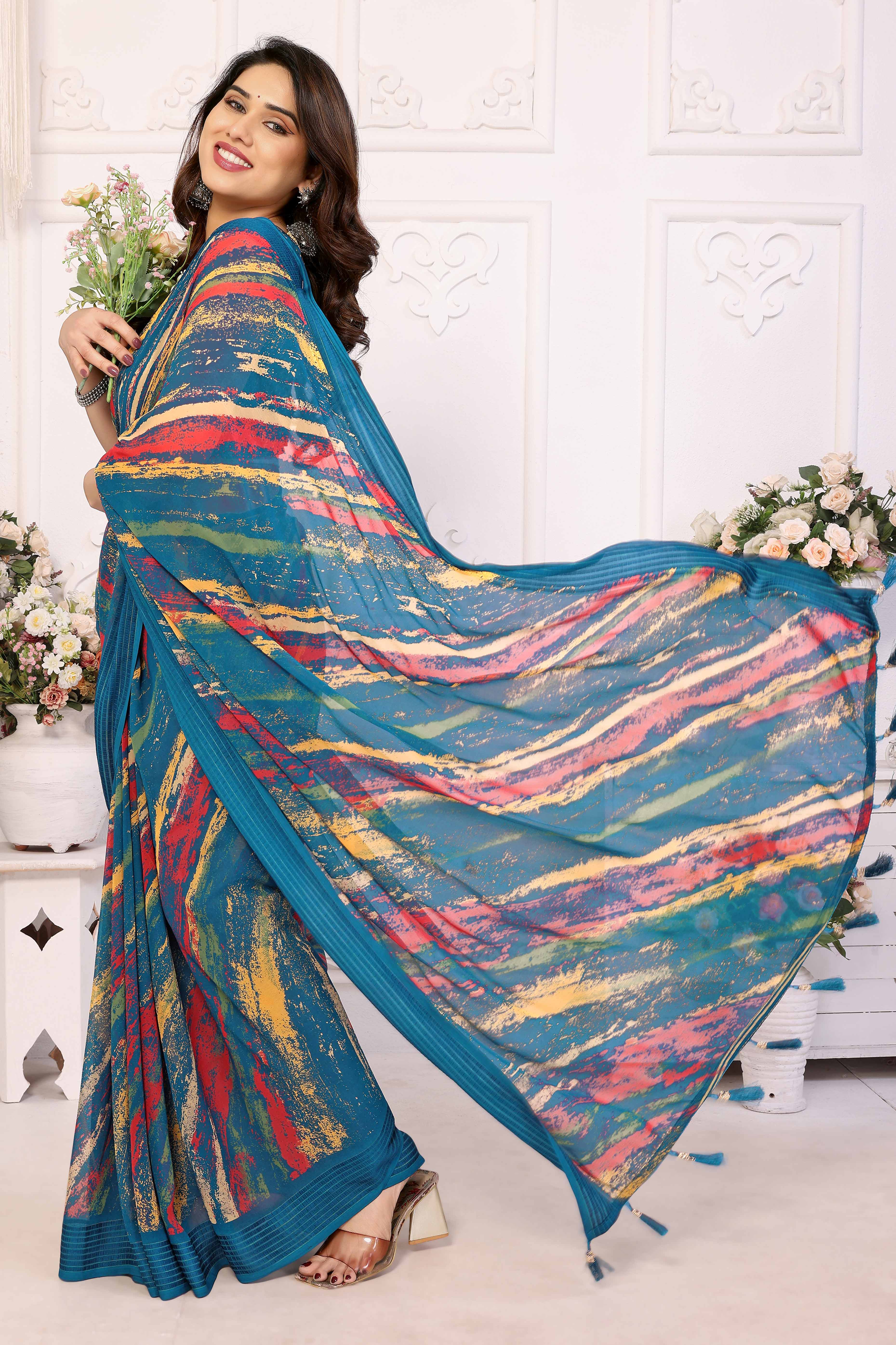 Morpich Printed Georgette Saree Saree With Tassels