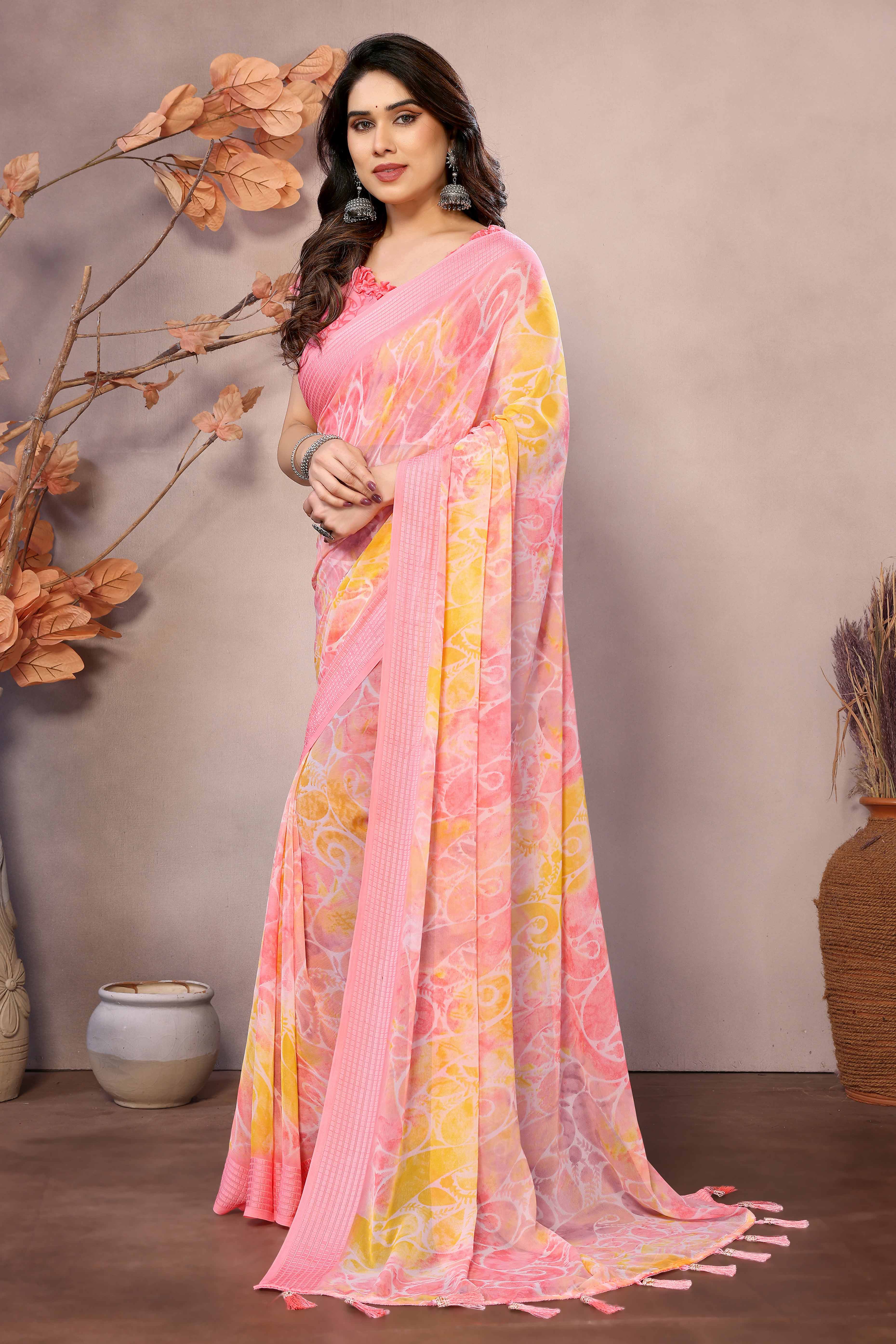 Peach Printed Georgette Saree Saree With Tassels