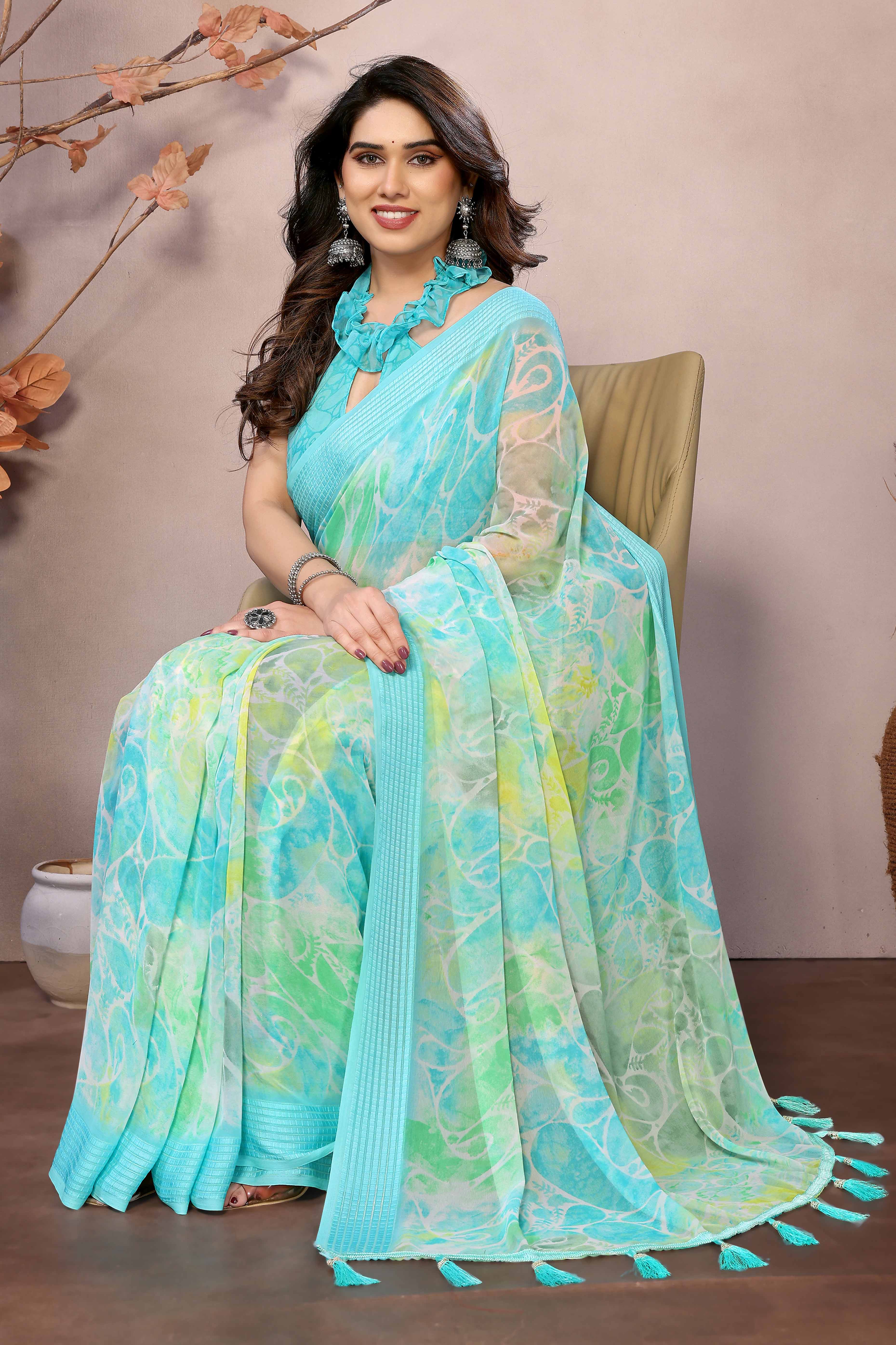 Turquoise Printed Georgette Saree Saree With Tassels