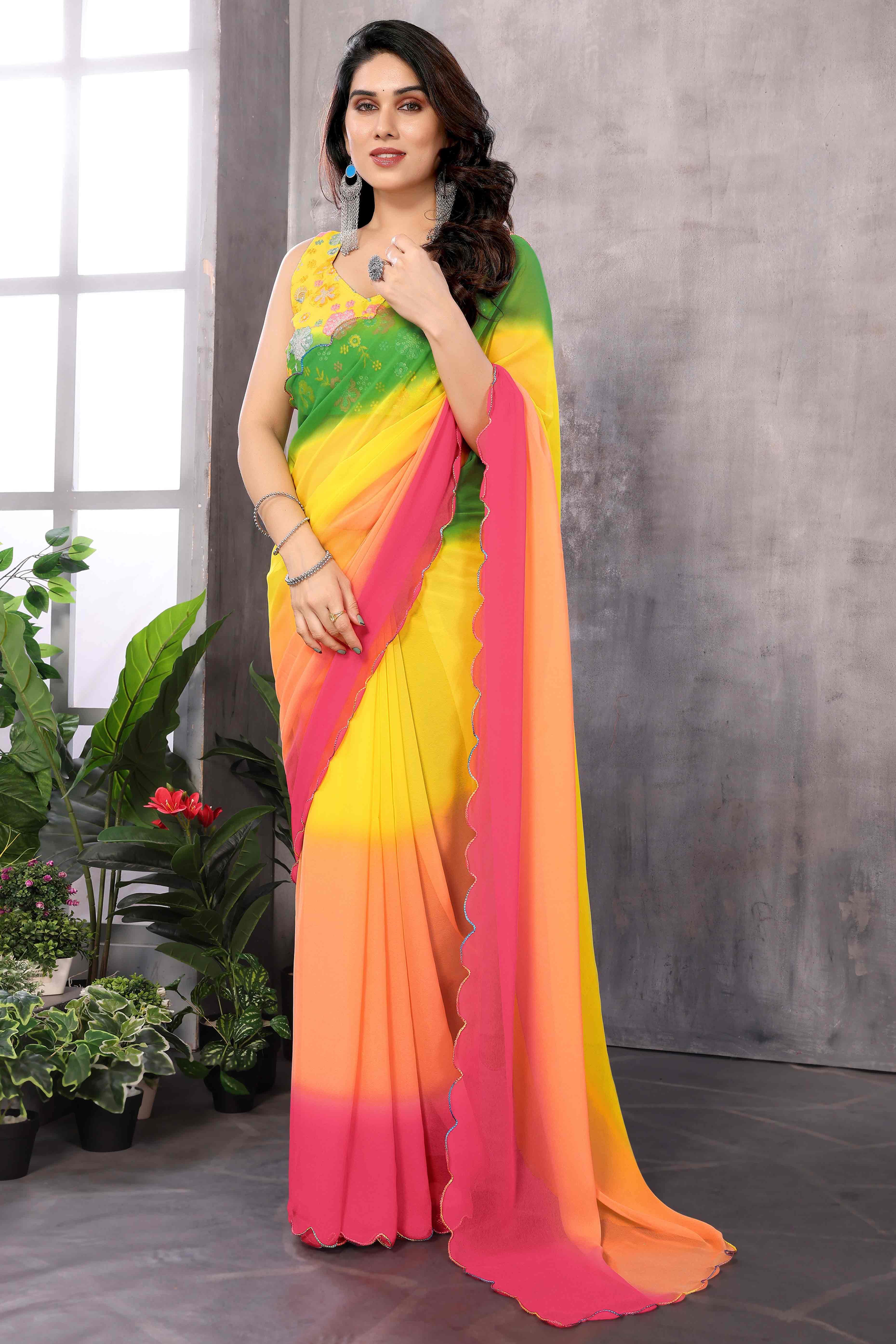 Multicolor Solid Georgette Ombre Saree