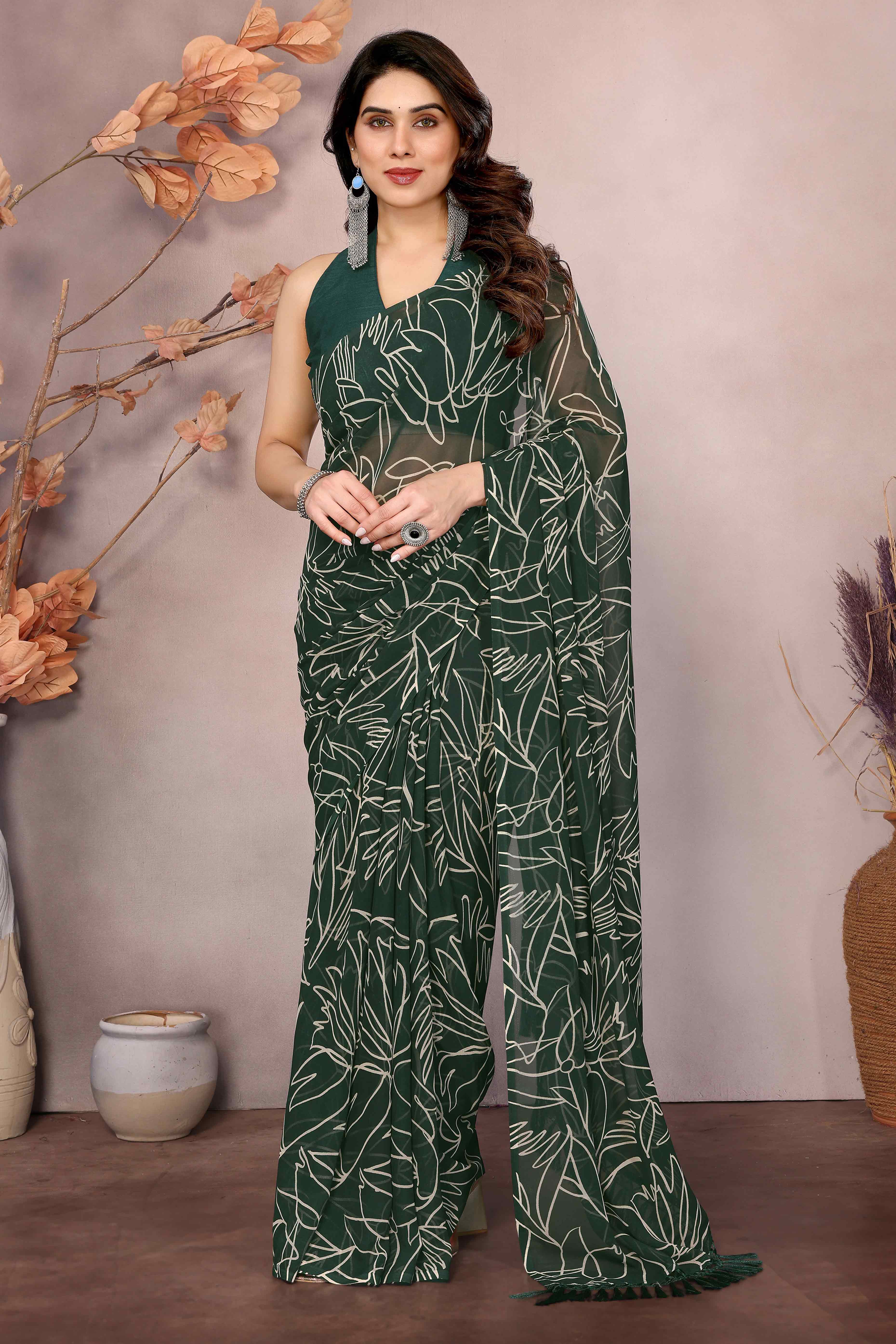 Green Floral Printed Georgette Ready Made Saree With Tassels