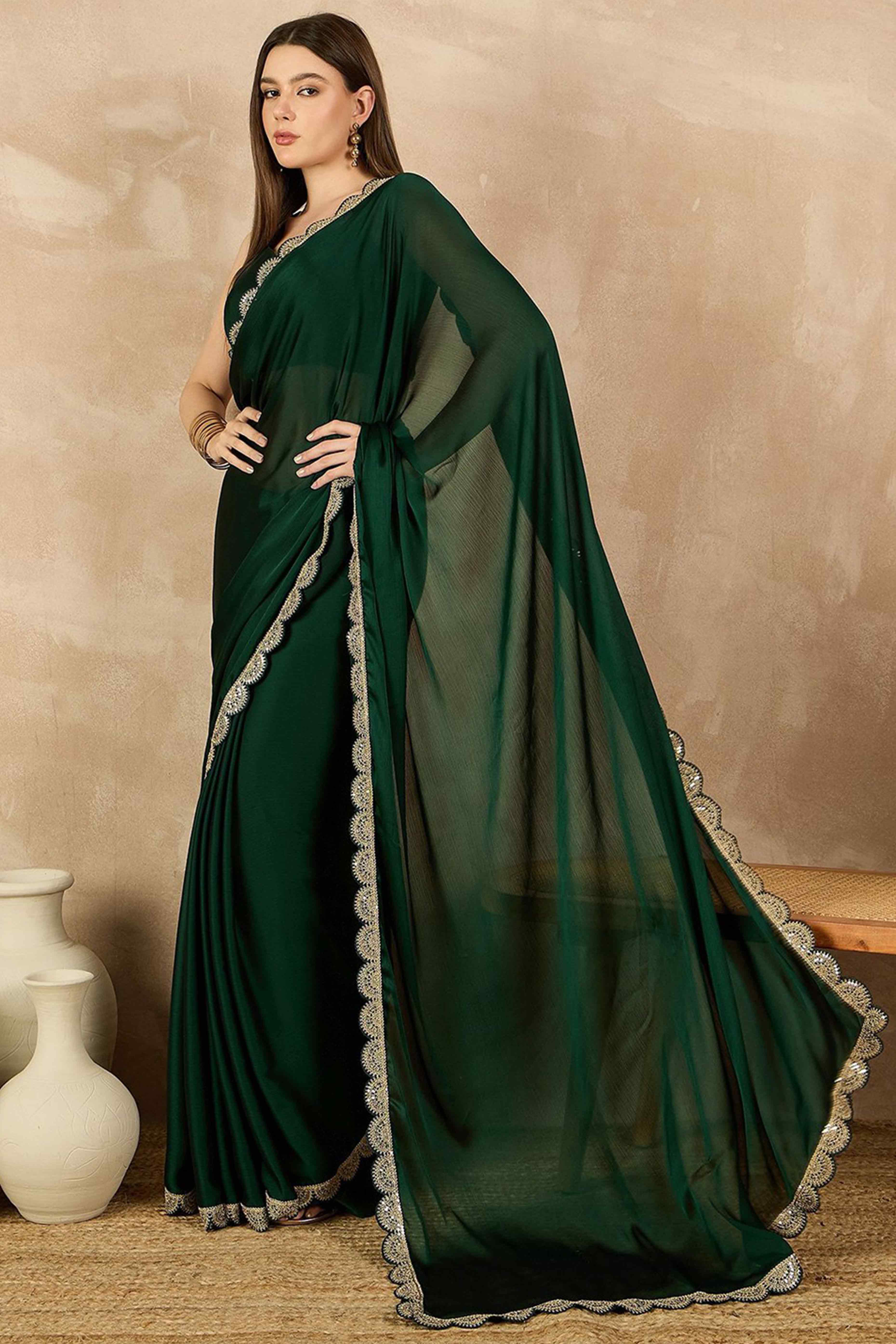 Green Solid Chiffon Saree With Sequins Embroidered Border