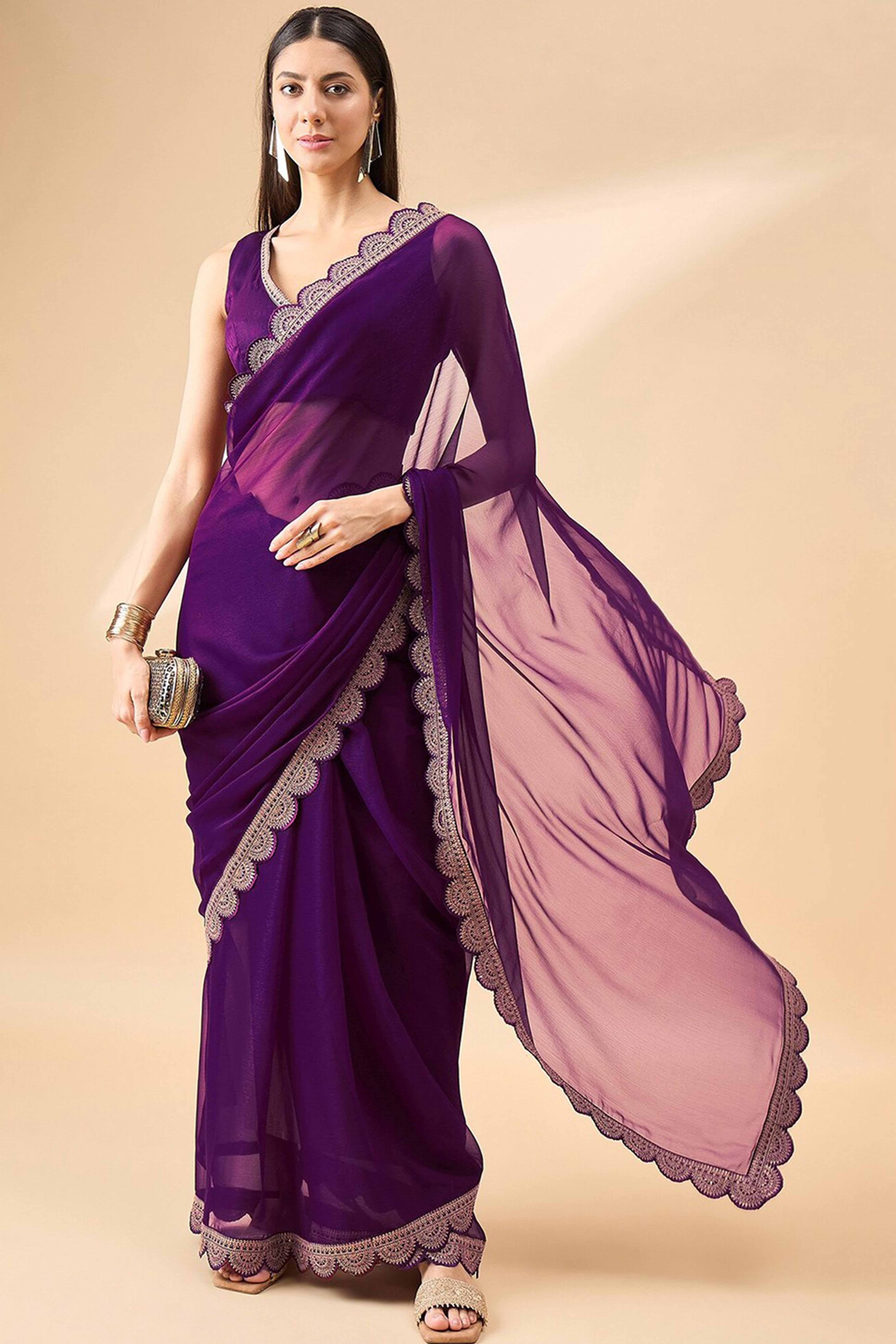 Purple Solid Chiffon Saree With Sequins Embroidered Border