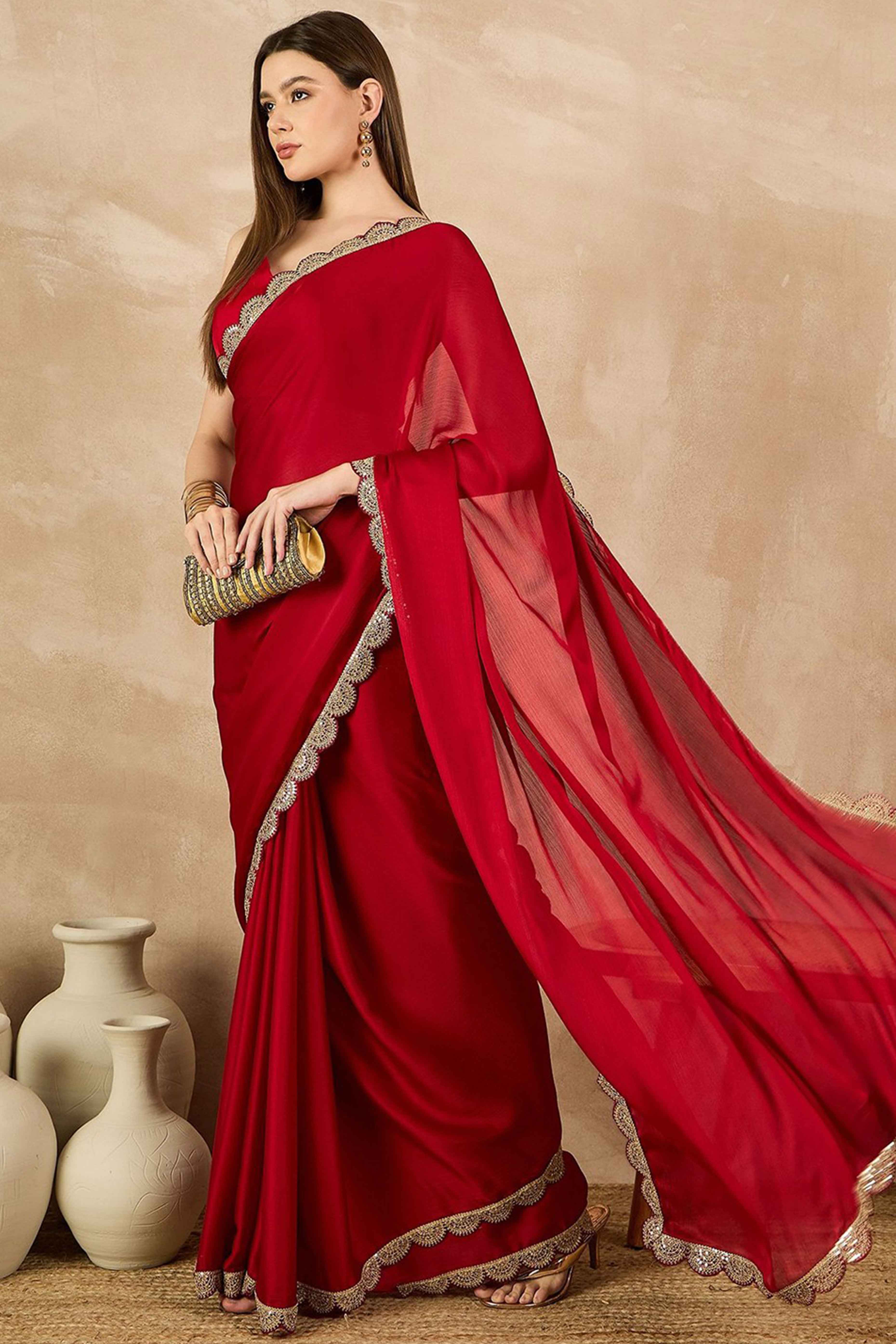 Red Solid Chiffon Saree With Sequins Embroidered Border