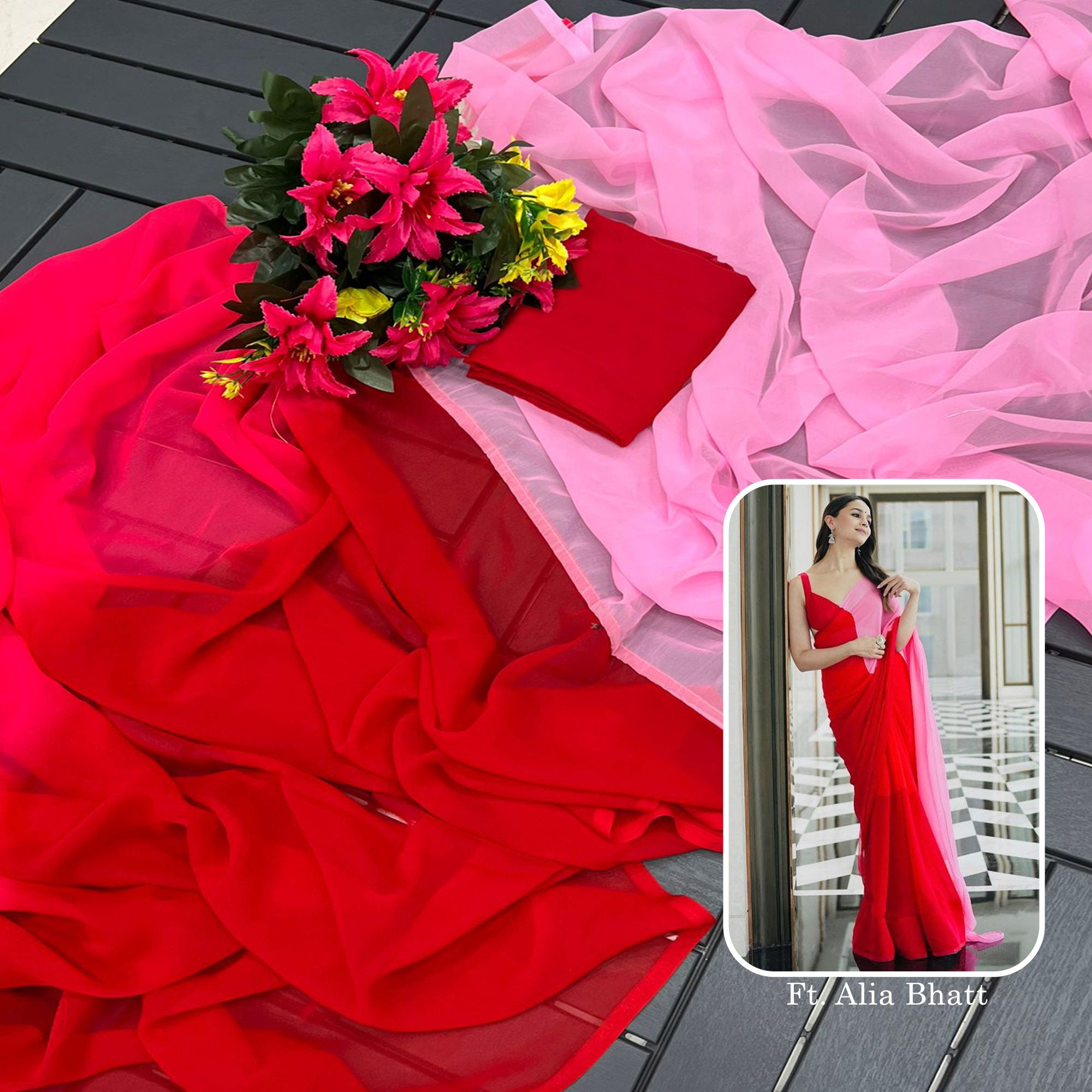 Pink & Red Solid Georgette Half & Half Saree