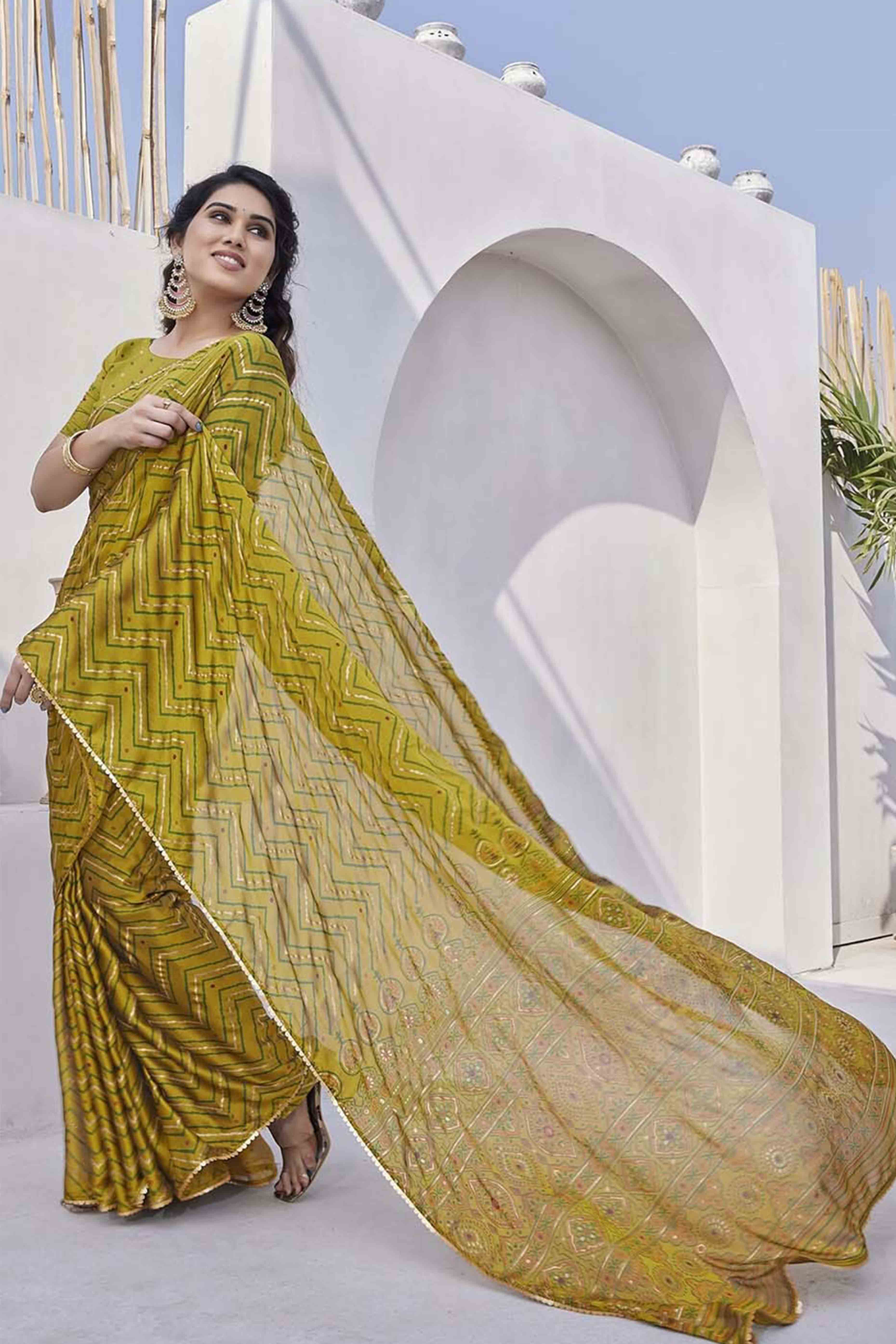 Olive Zig Zag Foil Printed Chiffon Saree