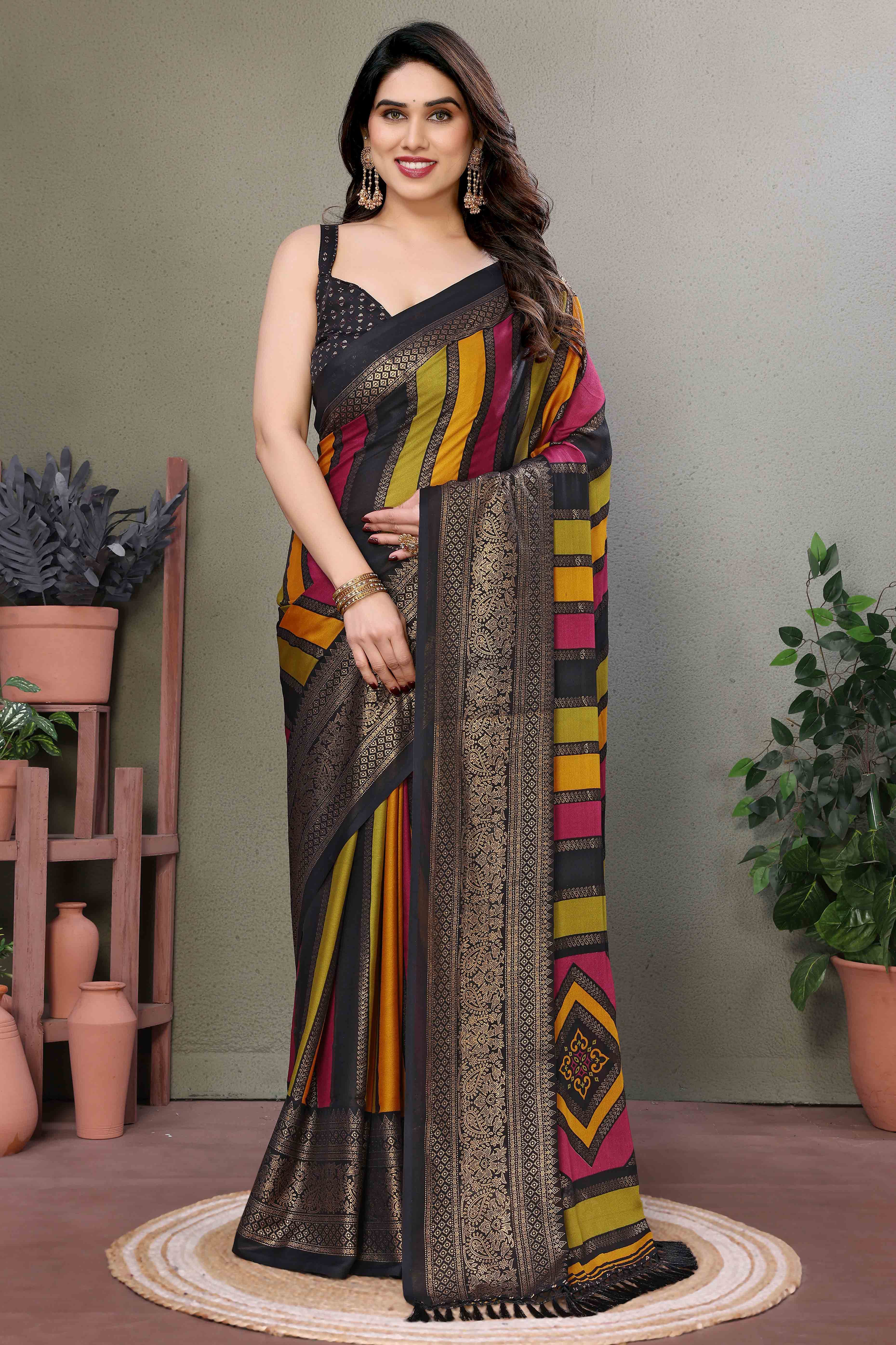 Black Striped Foil Printed Moss Satin Saree Saree With Tassels