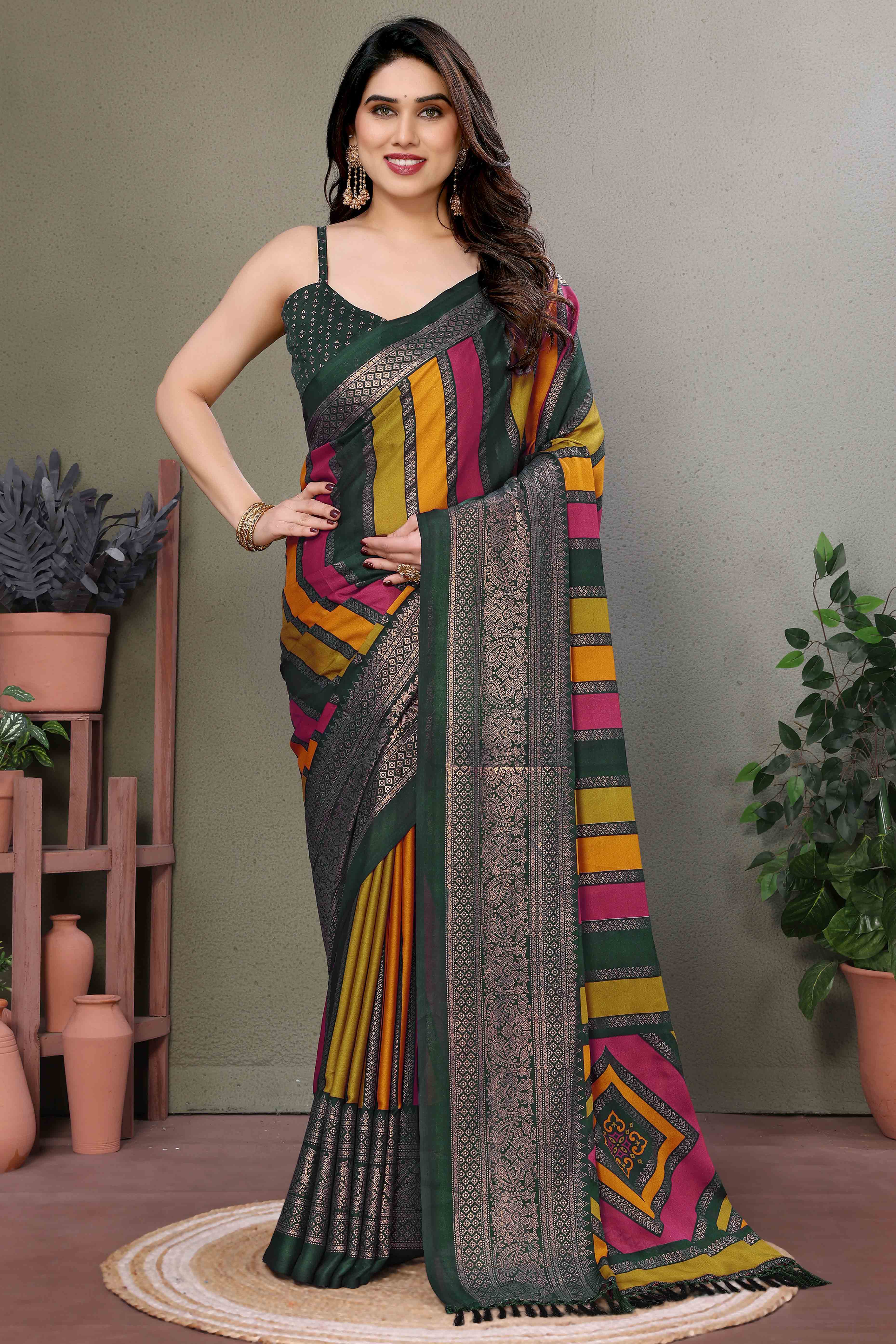 Dark Green Striped Foil Printed Moss Satin Saree Saree With Tassels