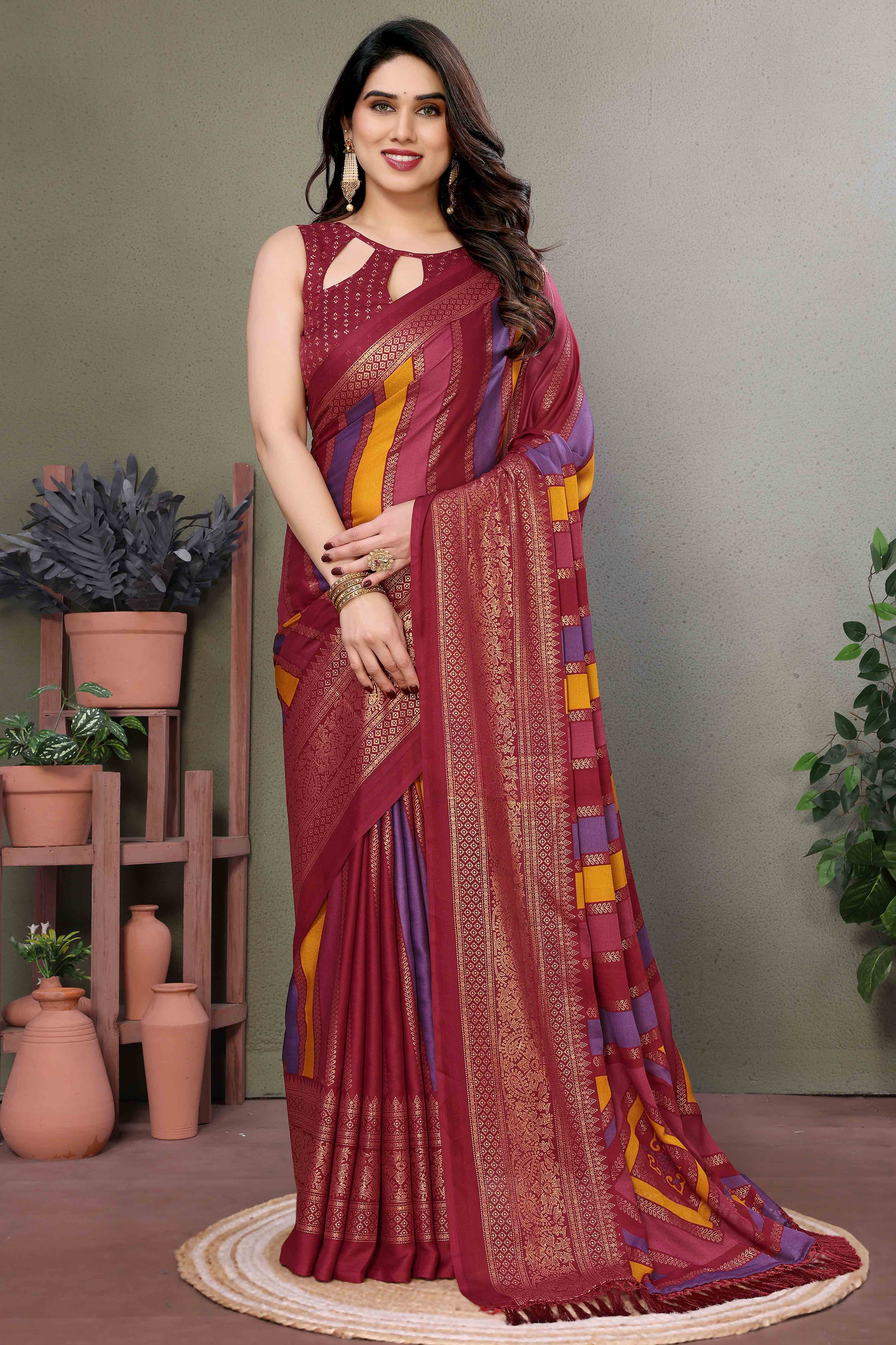 Maroon Striped Foil Printed Moss Satin Saree Saree With Tassels