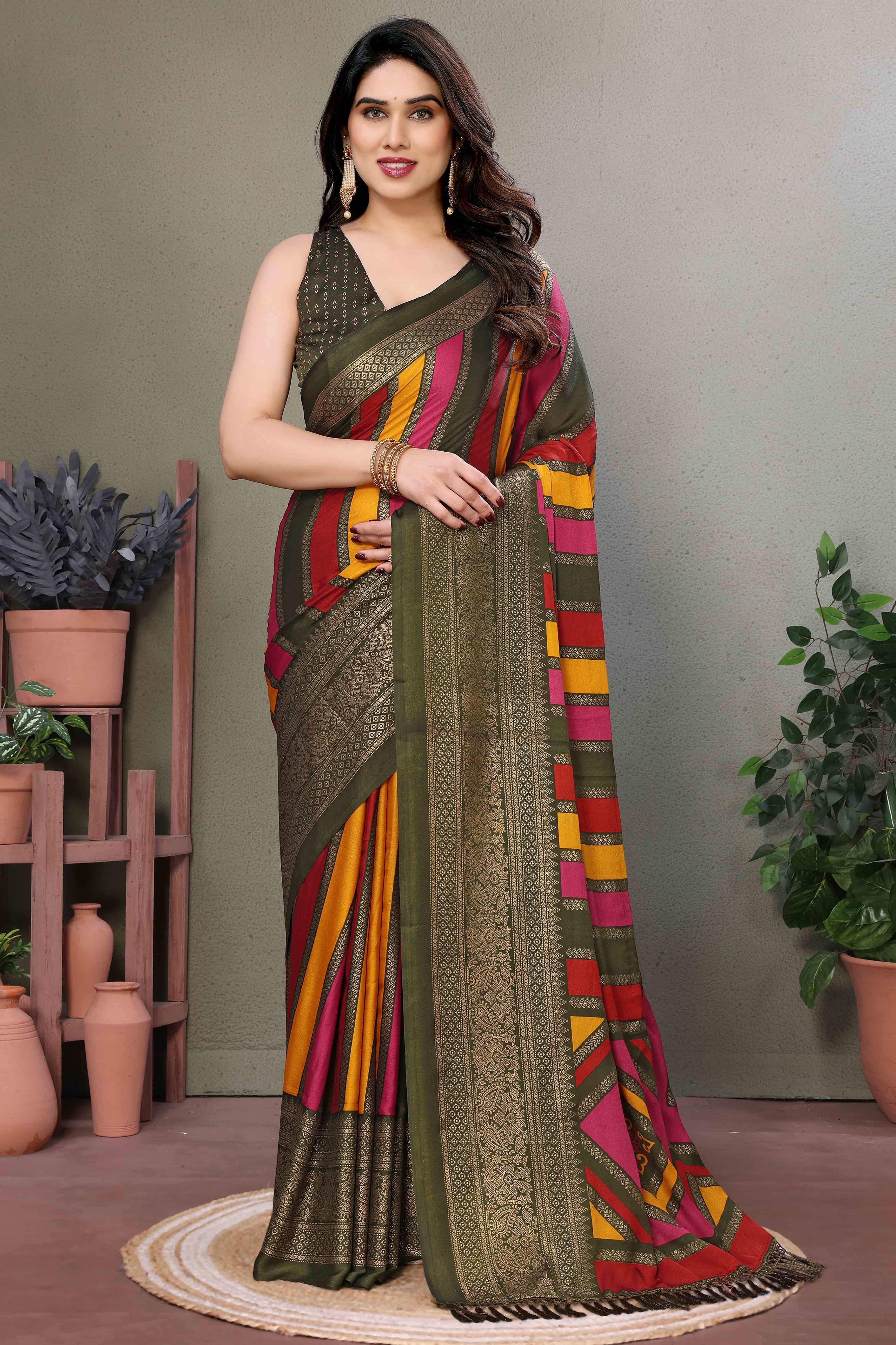 Mehendi Green Striped Foil Printed Moss Satin Saree Saree With Tassels