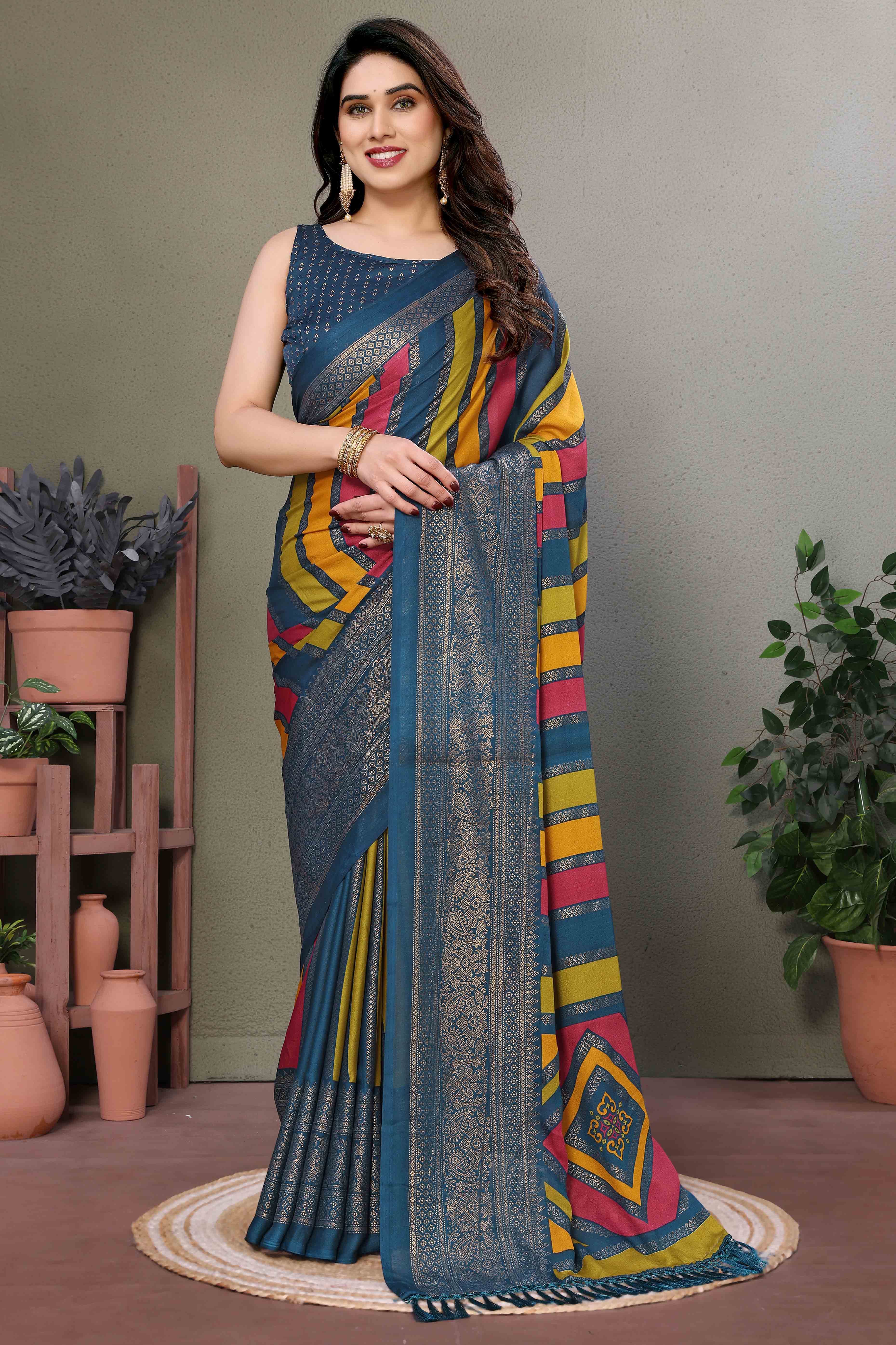 Morpich Striped Foil Printed Moss Satin Saree Saree With Tassels