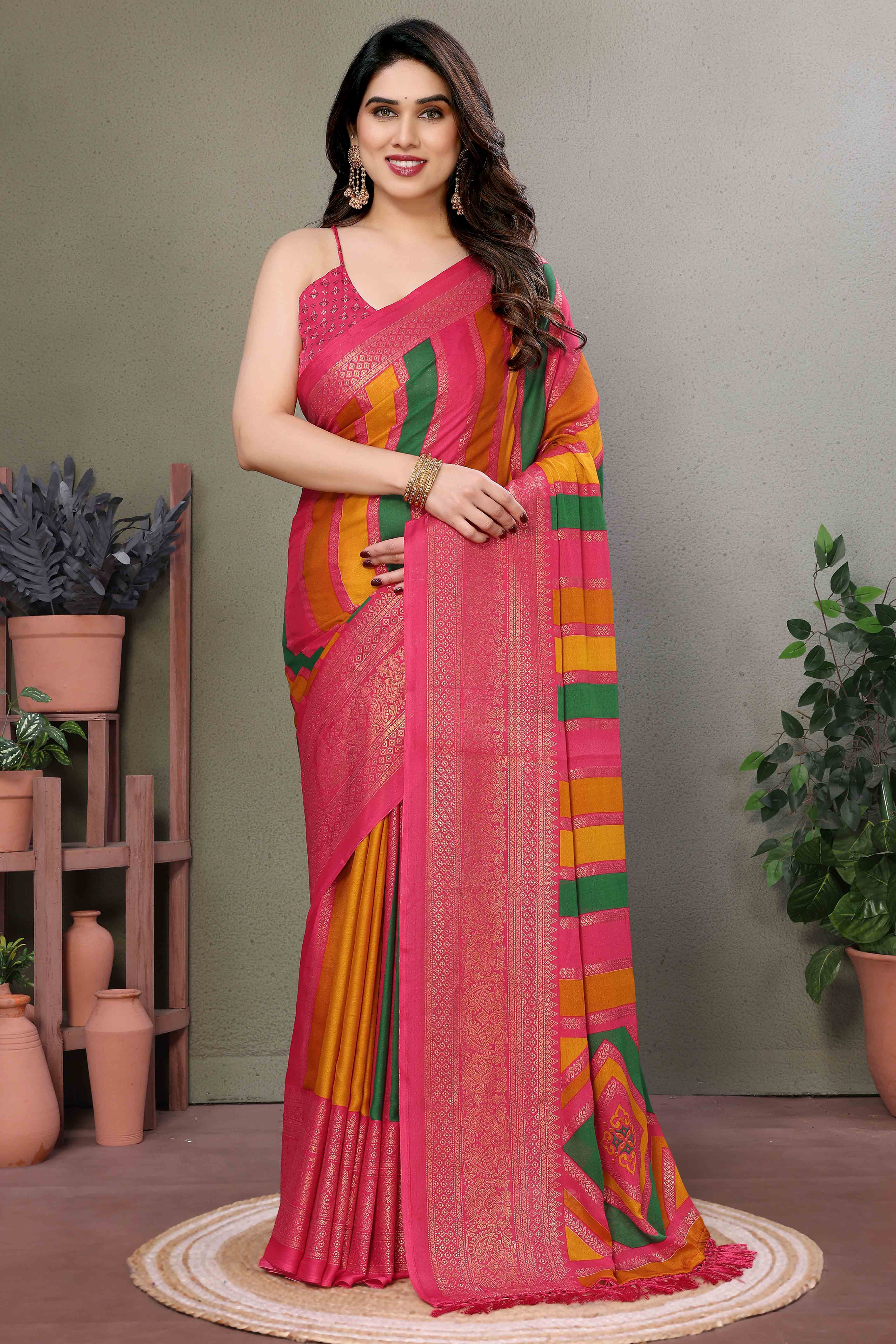 Pink Striped Foil Printed Moss Satin Saree Saree With Tassels