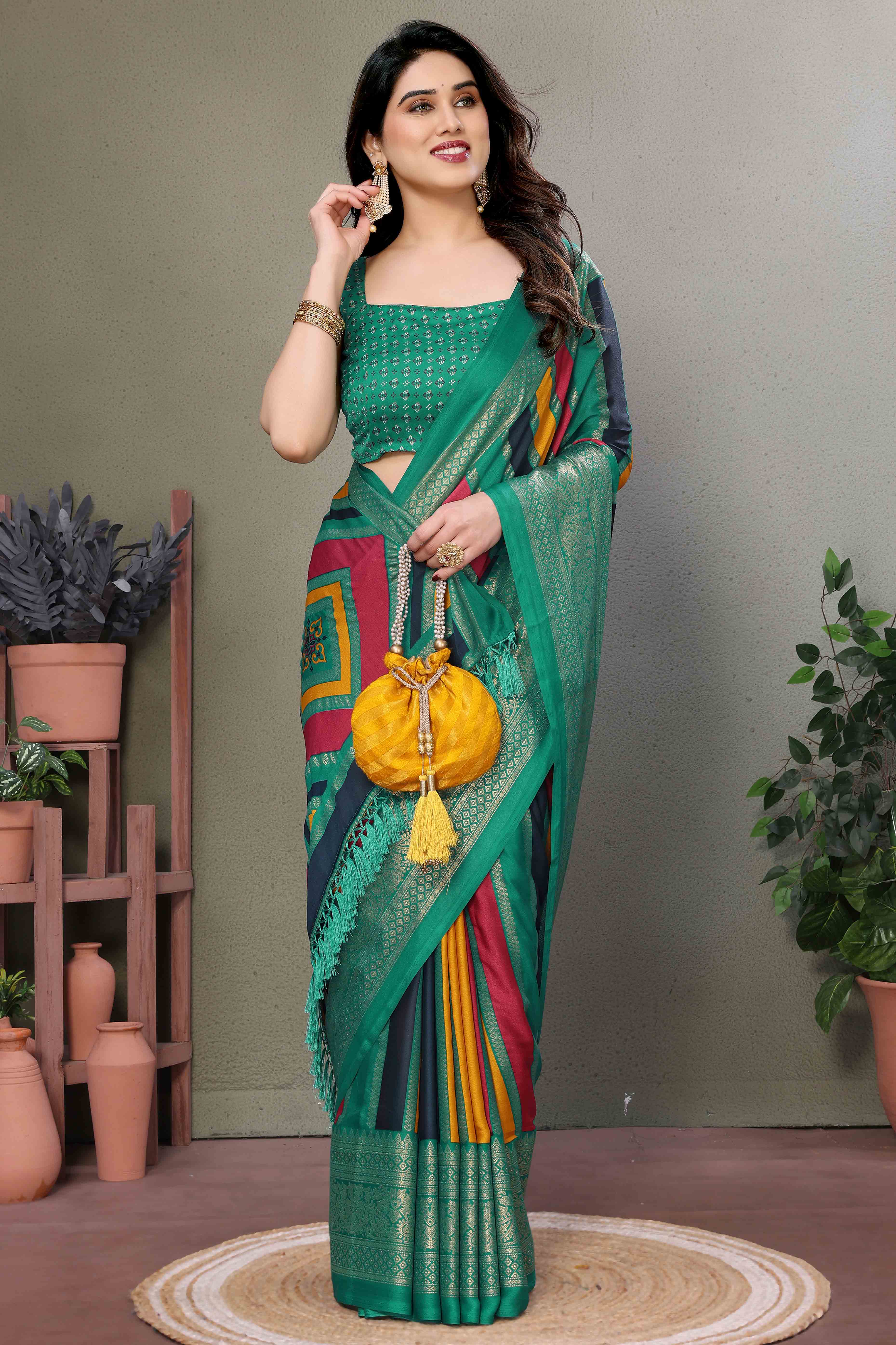 Rama Green Striped Foil Printed Moss Satin Saree Saree With Tassels