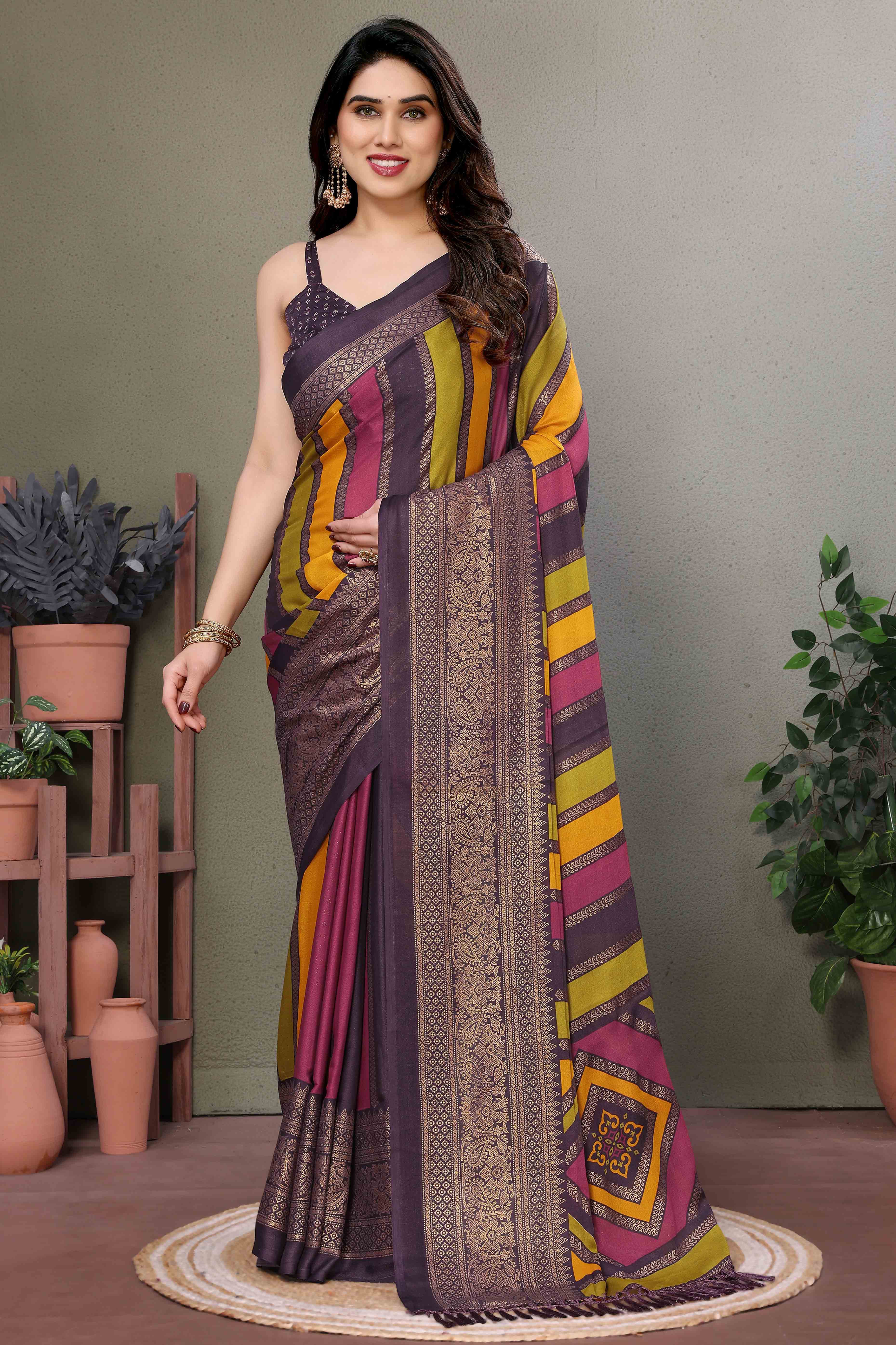 Wine Striped Foil Printed Moss Satin Saree Saree With Tassels