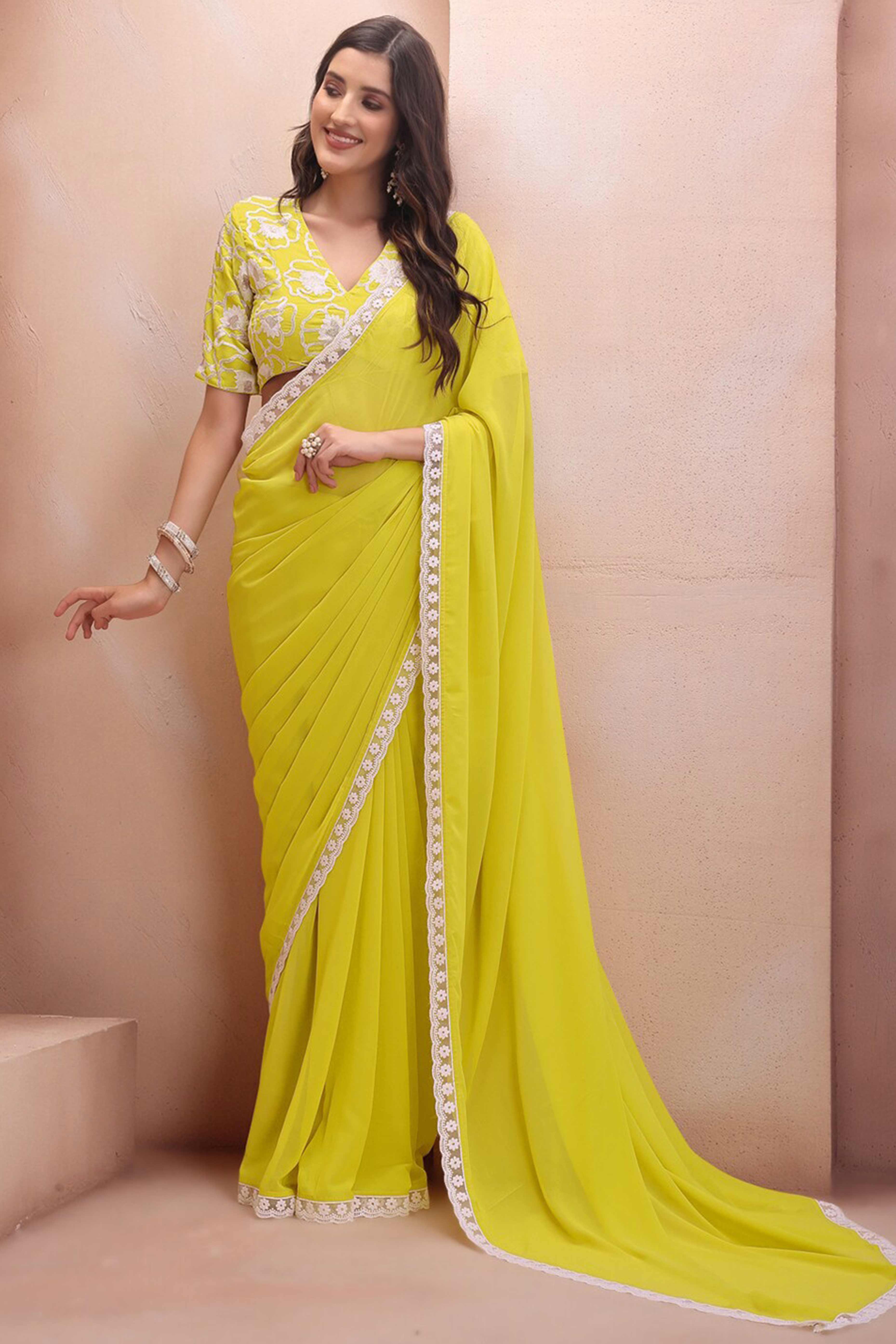 Lemon Yellow Solid Georgette Saree With Embroidered Border