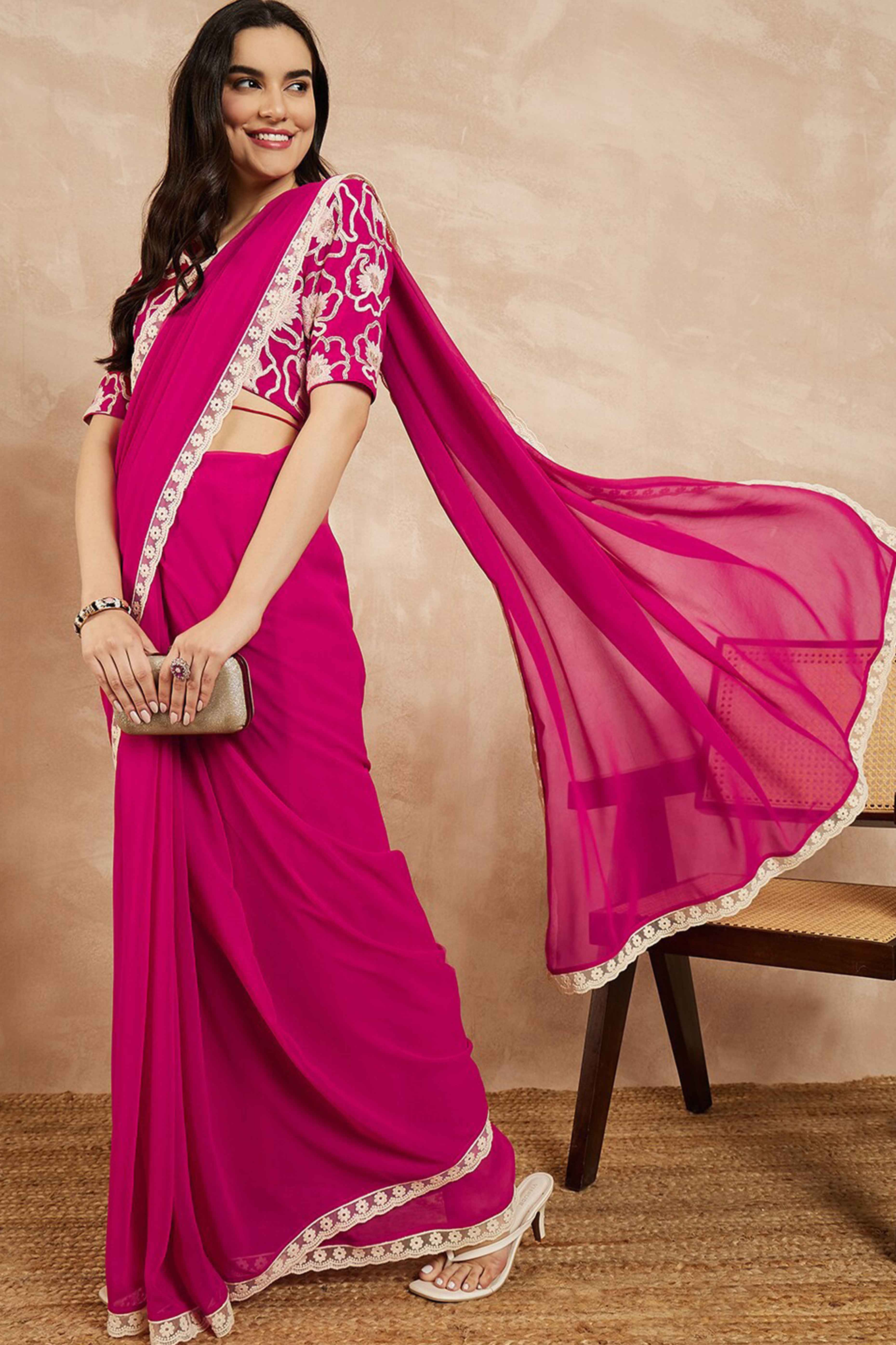 Pink Solid Georgette Saree With Embroidered Border