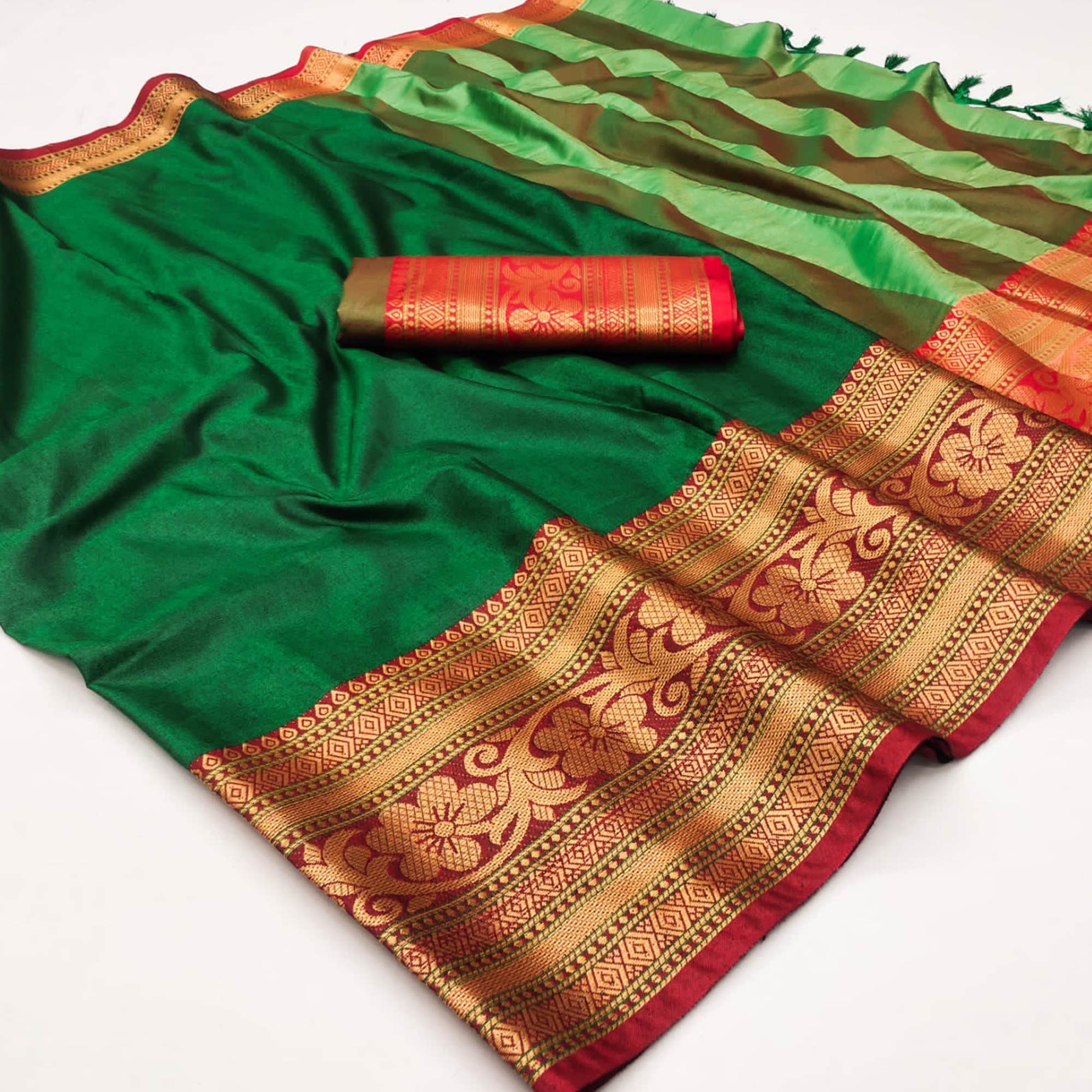 Bottle Green Floral Woven Cotton Silk Saree With Tassels