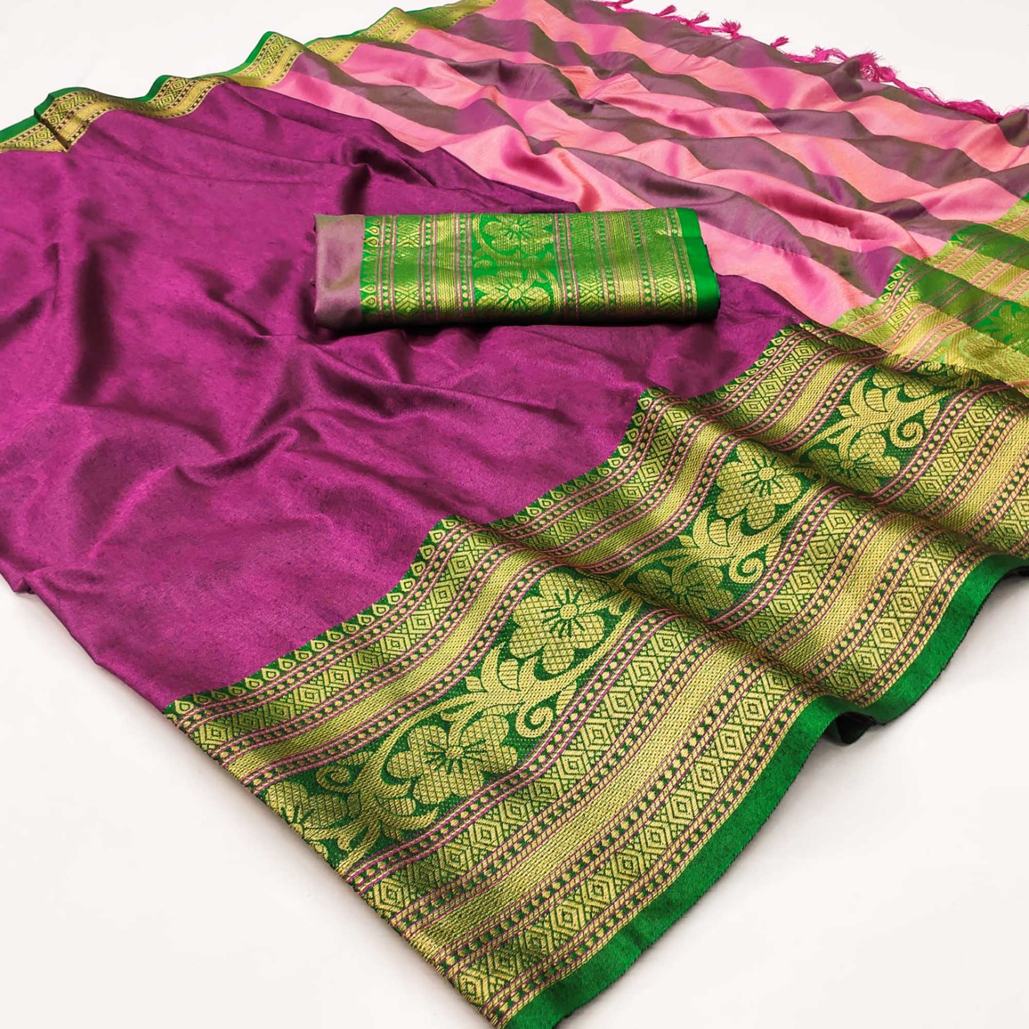 Magenta Floral Woven Cotton Silk Saree With Tassels