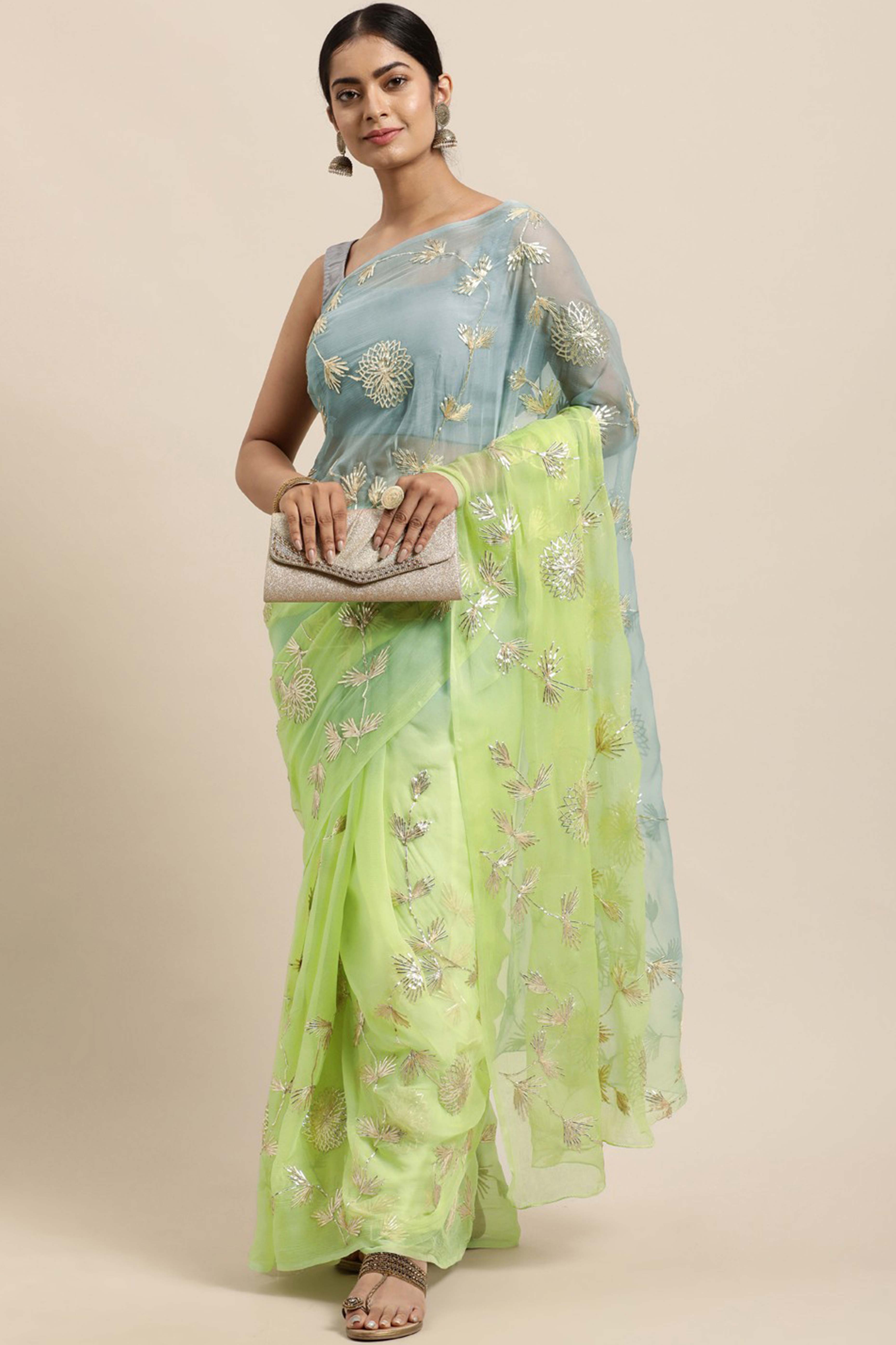 Green & Grey Floral Gota Patti Work Organza Silk Half & Half Saree