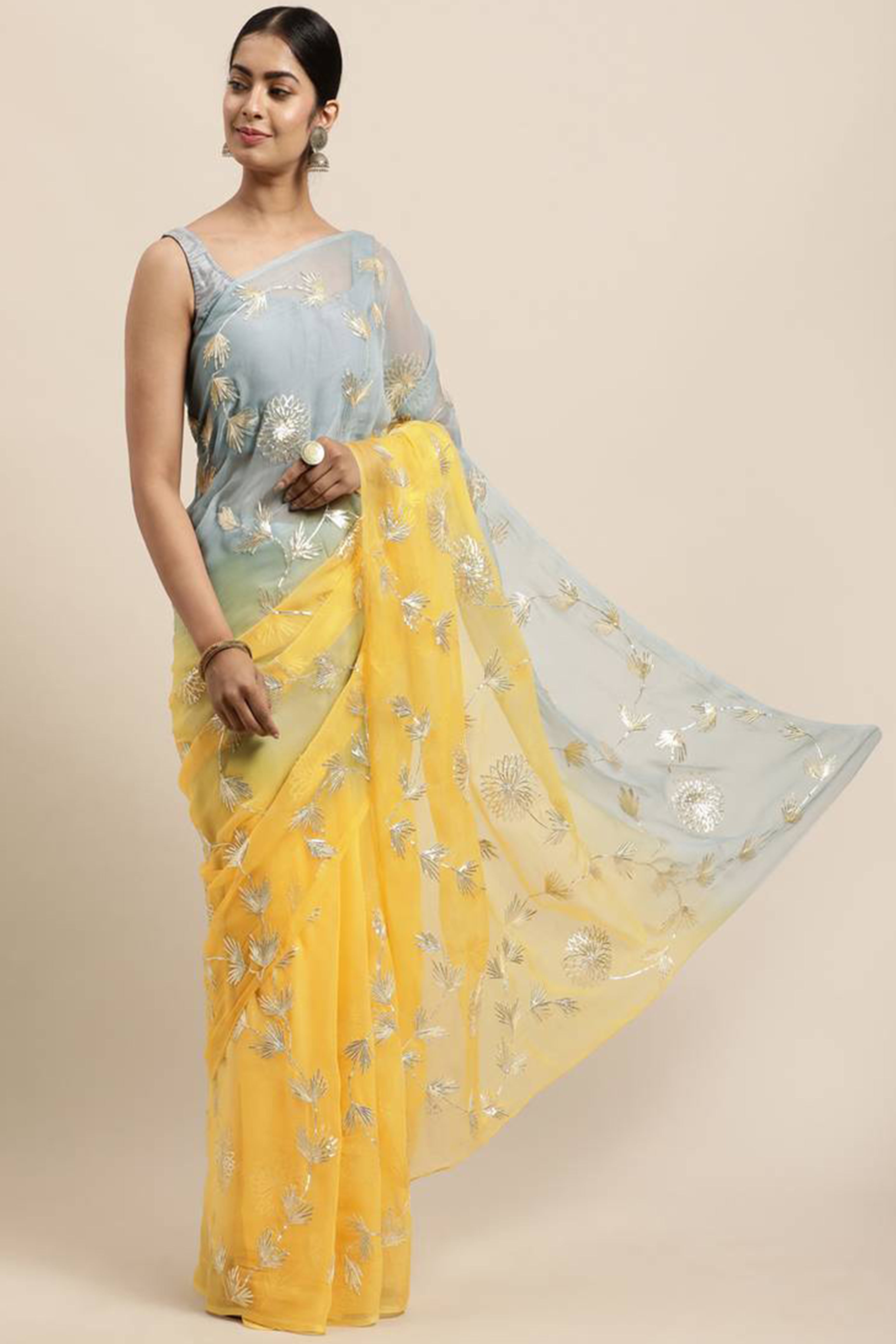 Yellow & Grey Floral Gota Patti Work Organza Silk Half & Half Saree