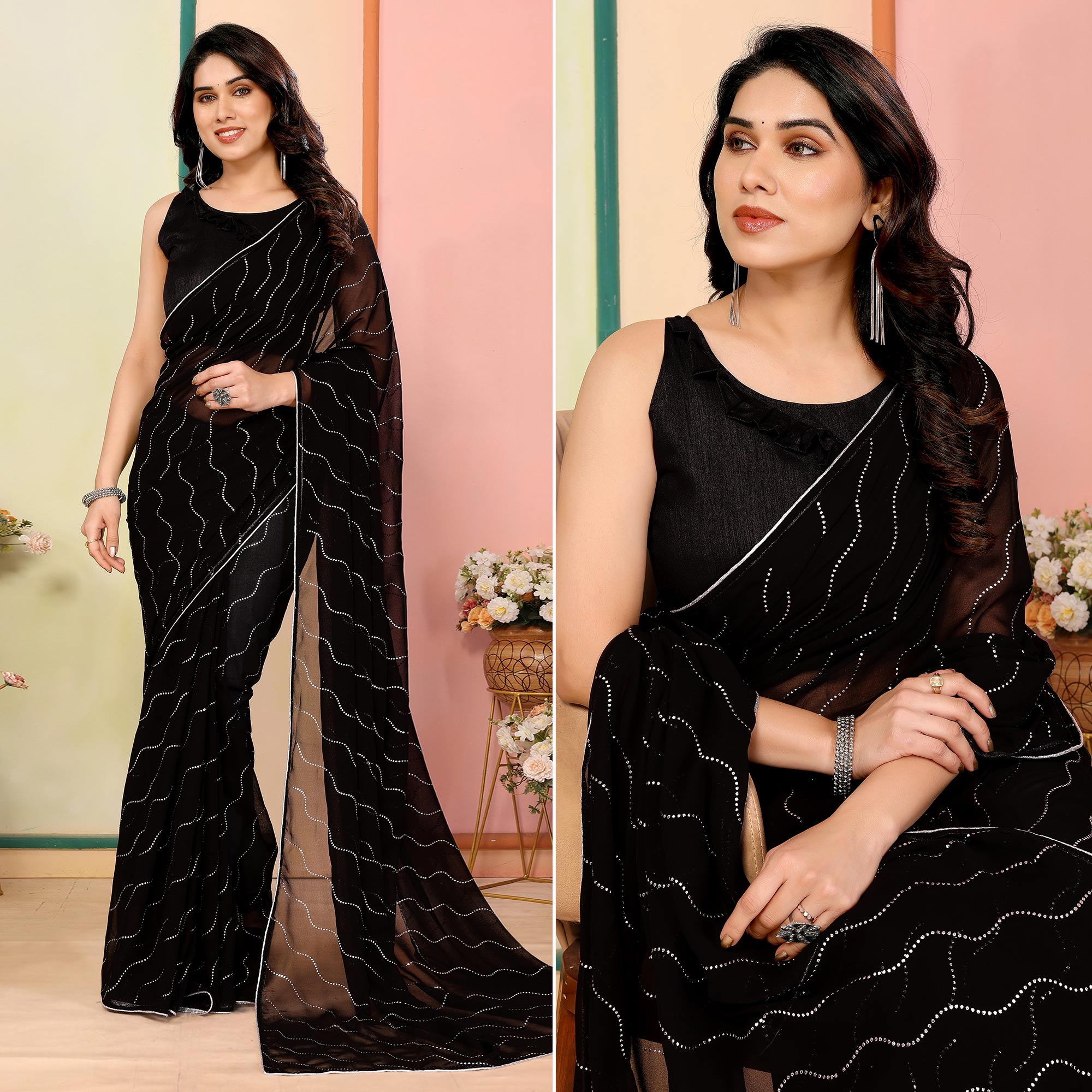 Black Swarovski Work Embroidered Georgette Saree